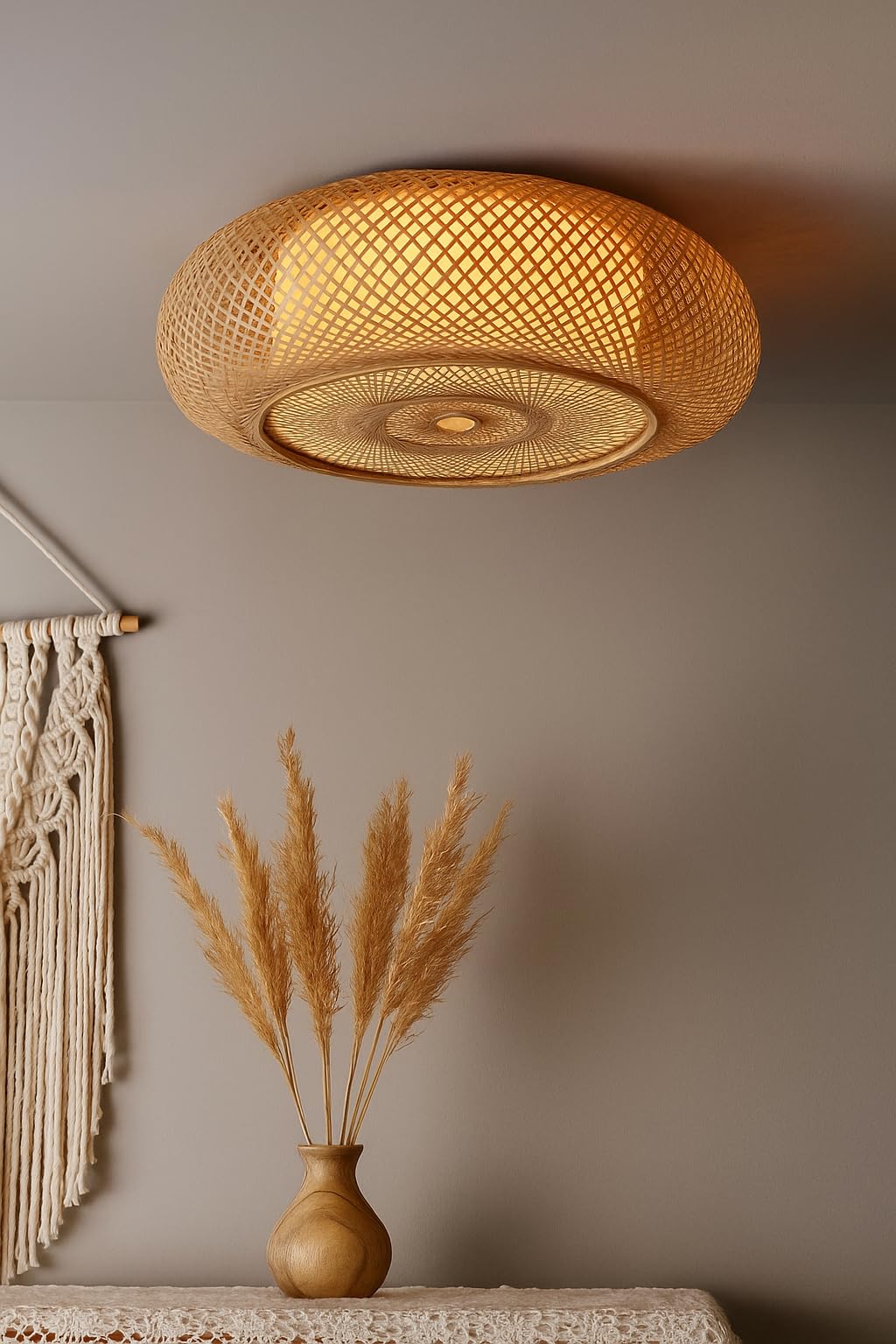 AKWAY Bamboo Hanging Light for Living Room | Rattan Hanging lampshade for Balcony | Cane Indoor Outdoor Chandelier | Wicker Ceiling Pendant Light Boho Decor - Krisha - (Bulb Not Included) (18" Dia)