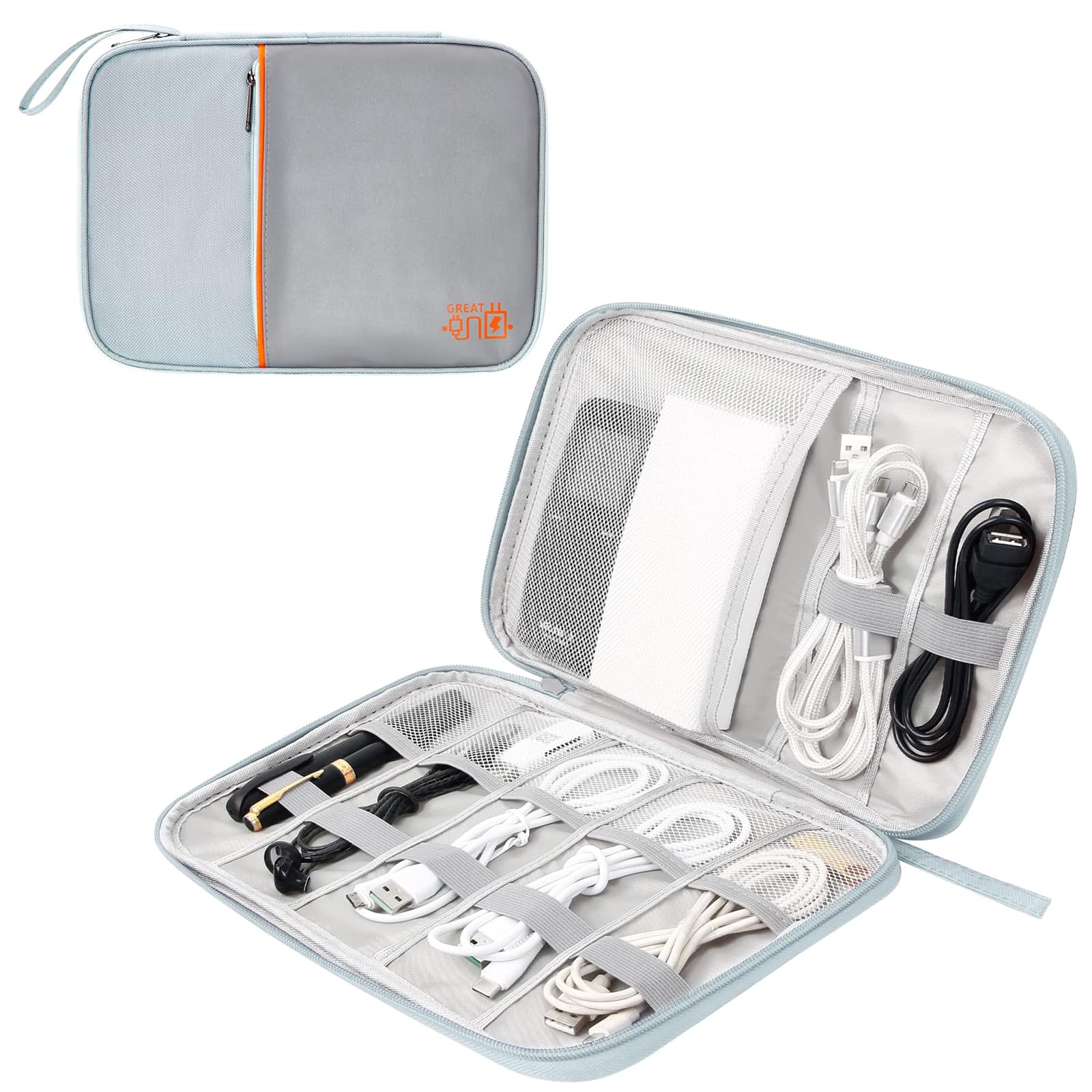 Joyzzz Electronic Accessory Bag, Electronics Organizer, Travel Cord Organizer Case with Grid Layered, Compact Electronics Accessories Bag for Cable, Cord, Charger, Phone, Hard Drive (Grey)