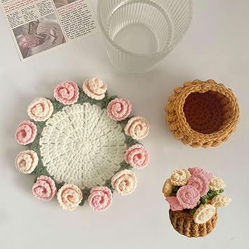 Crochet Flower Blanket Coasters, Handmade Vintage Crochet Flower Bouquet-Material Pack, 3D Flower Crochet Coaster, Floral Crochet Coffee Mug Coaster, for Home Dining Table Coffee Table
