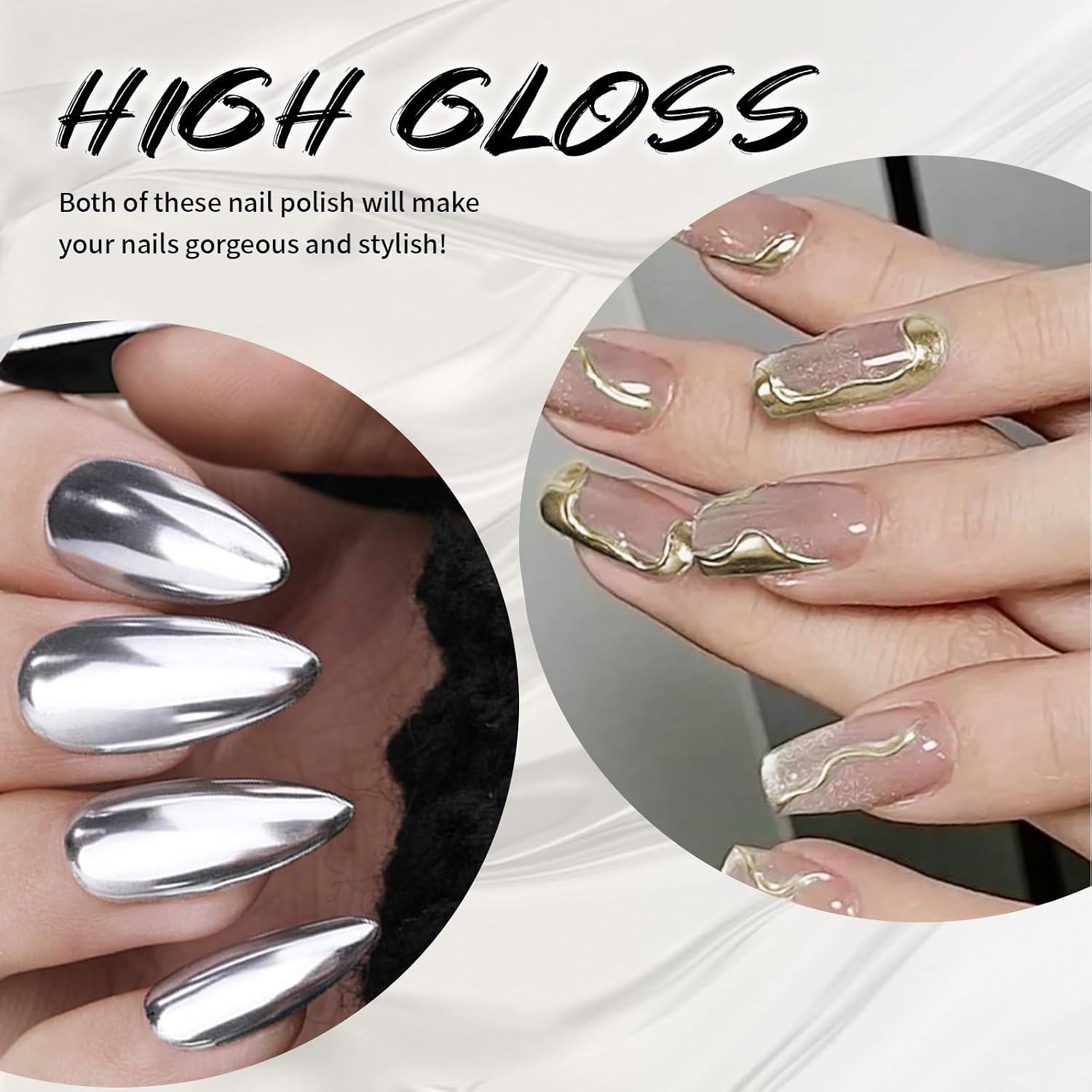 2x12ml Metallic Super Shiny Mirror Silver & Bronze Gold Metal Painted Drawing Gel with Build in Thin Brush, Chrome Gel Polish Nail Art Gel Liner UV/LED Soak Off Home Nail DIY