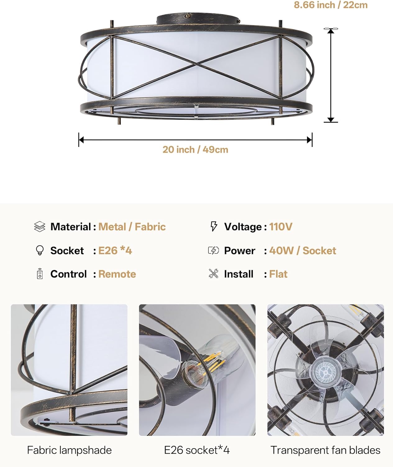Black Flush Mount Farmhouse Ceiling Fan with Lights, 20" Caged Rustic Ceiling Fans with Light and Remote, Enclosed with 6 Speeds for Living Room, Bedroom, Nursery