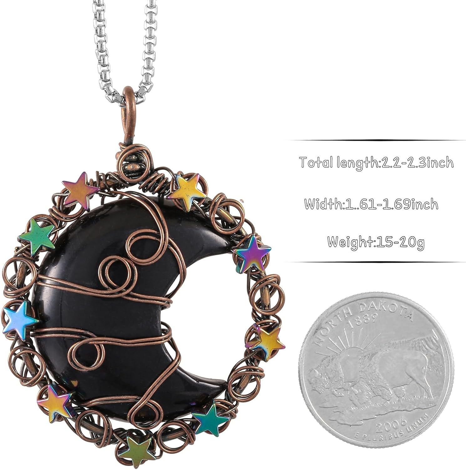 TUMBEELLUWA Crescent Moon Star Crystal Necklace for Women Men Reiki Healing Stone Copper Wire Wrapped Pendant with Adjustable Cord - Image 2