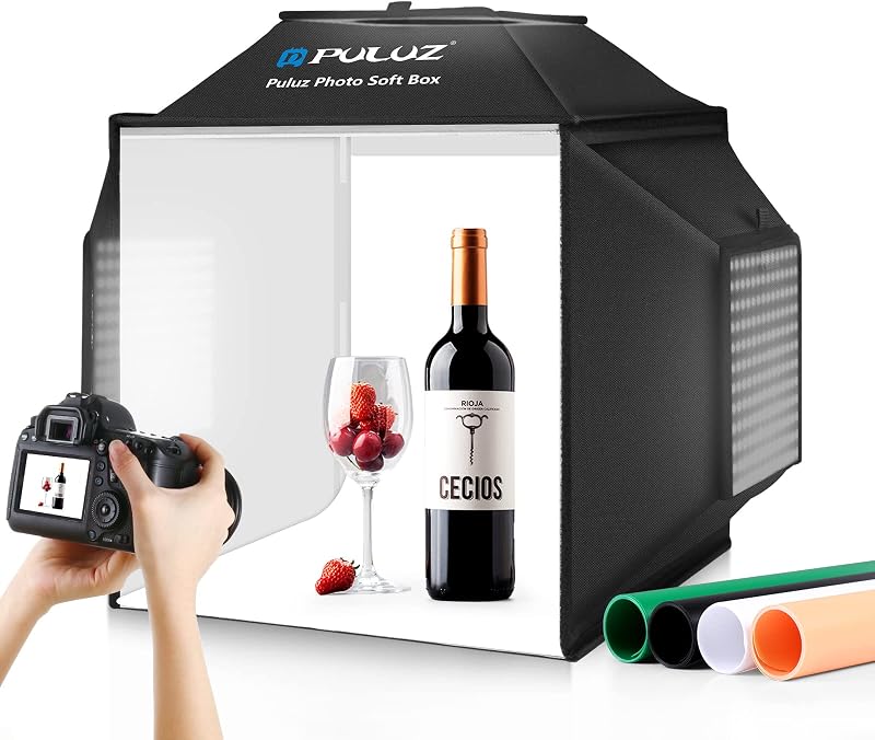 PULUZ Caja de luz fotográfica mejorada de 16 x 16 pulgadas, caja suave para tienda de estudio fotográfico de 480 LED, caja de disparo regulable CRI 95+ con 4 fondos para fotografía de productos
