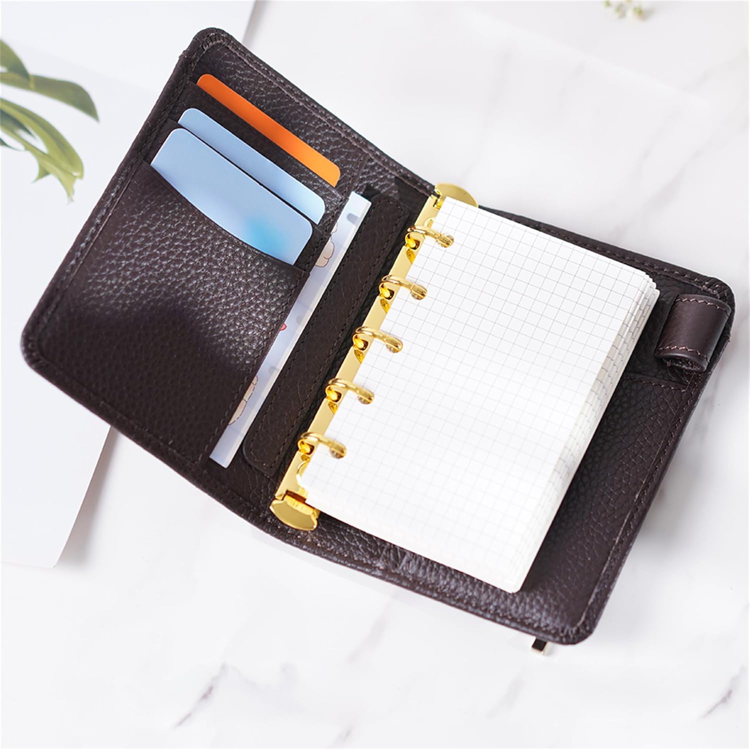 A8 Leather Planner Binder-15mm Ring- Personal Organizer Wallet (A8 Coffee)