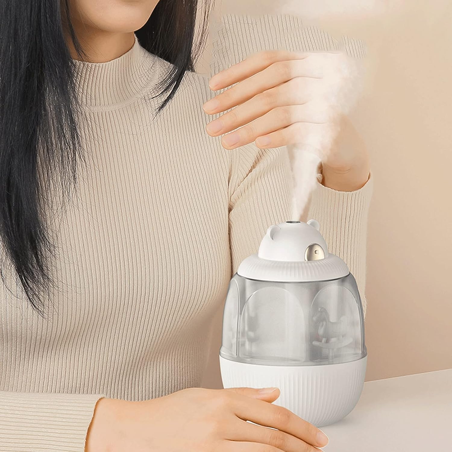 Portable Mini Mist Humidifier -320ml Trojan Humidifier Cute Creative Music Box Car Office Home Bedroom Air Humidifier for Home Bedroom Car Office and Travel (Color : Pink) (White)