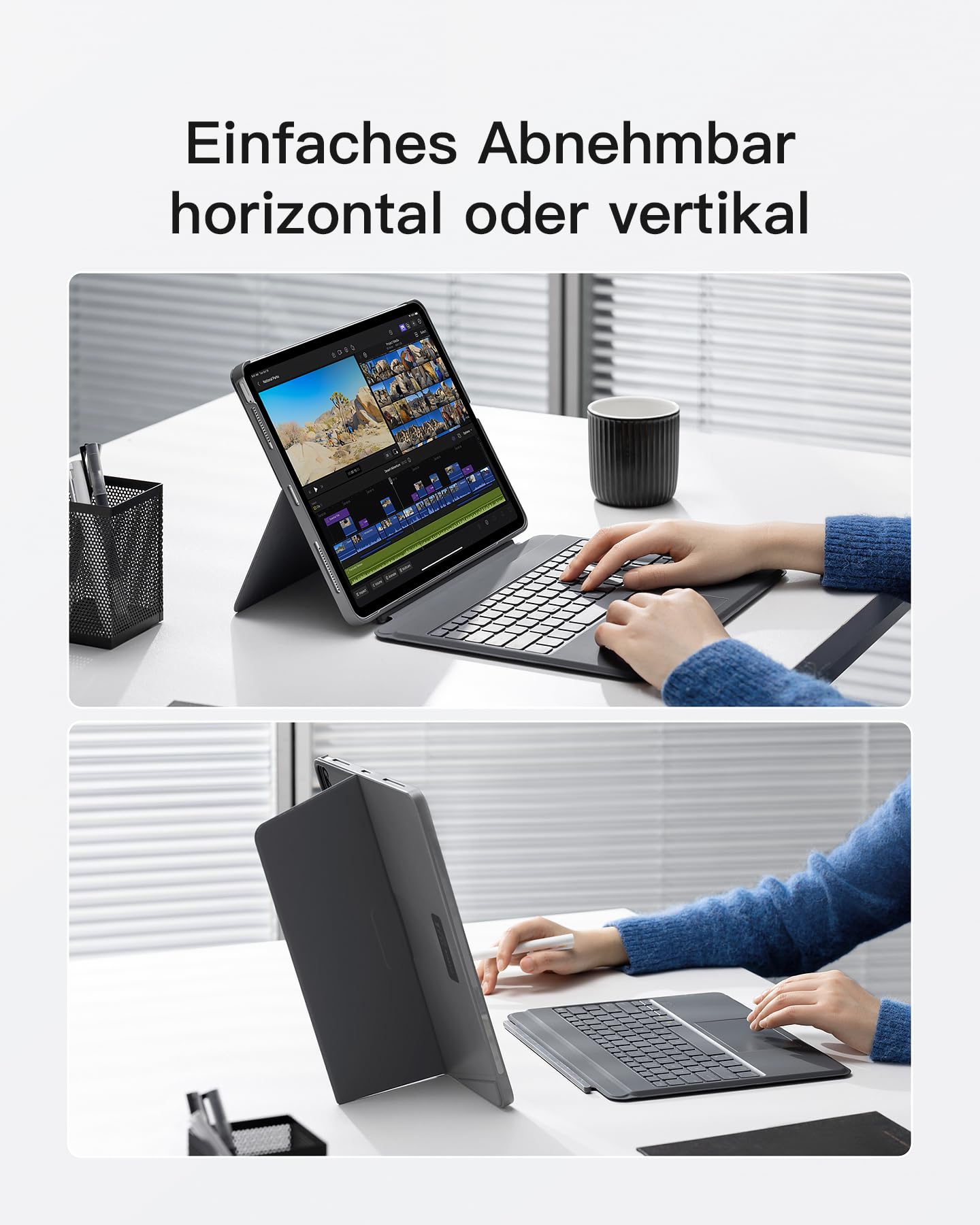 Inateck Tastatur Hülle für Air 13 Zoll M4/M3/M2(2026/2025/2024),iPad Pro 12.9 Zoll,Hoch-/Querformat Ständer,Abnehmbare Touchpad mit 7-Farbiger Hintergrundbeleuchtung,QWERTZ,KB04118