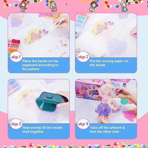 Vista 6 de Meland - Kit de manualidades de cuentas de fusible de princesa para niñas, juego de cuentas de 5 mm con tableros y accesorios, juguete de arte