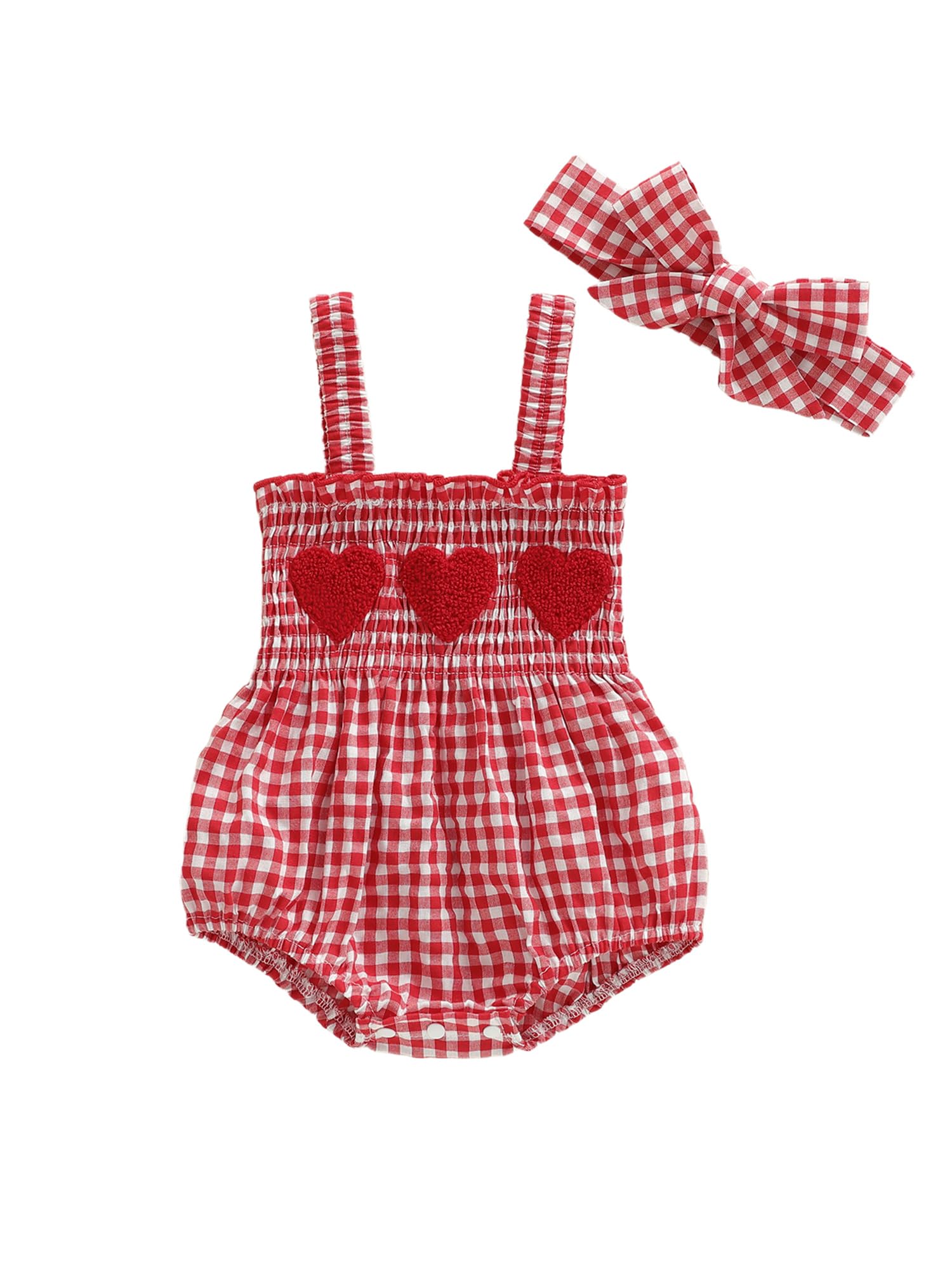 Acrawnni Newborn Infant Baby Girl 1st Valentine's Day Outfit Plaid Heart Sleeveless Suspender Jumpsuit with Headbands Sets (A-Red