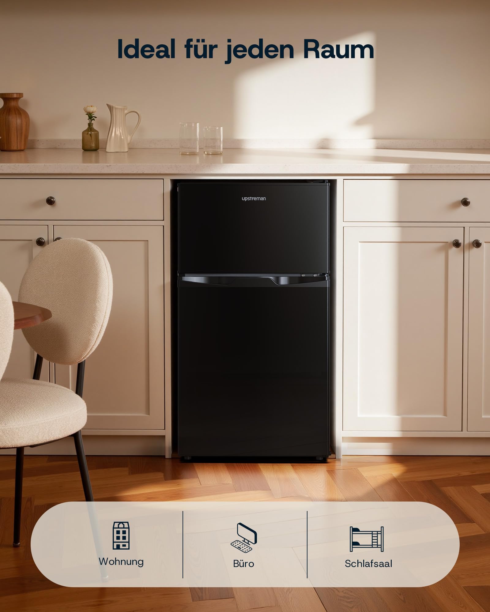 Upstreman 84L Kühl Gefrierkombination, Kühlschrank mit Gefrierfach oben，39dB Leise und LED Beleuchtung，Kleiner Kühlschrank mit 2 Wechselbare Tür, TM84 Schwarz