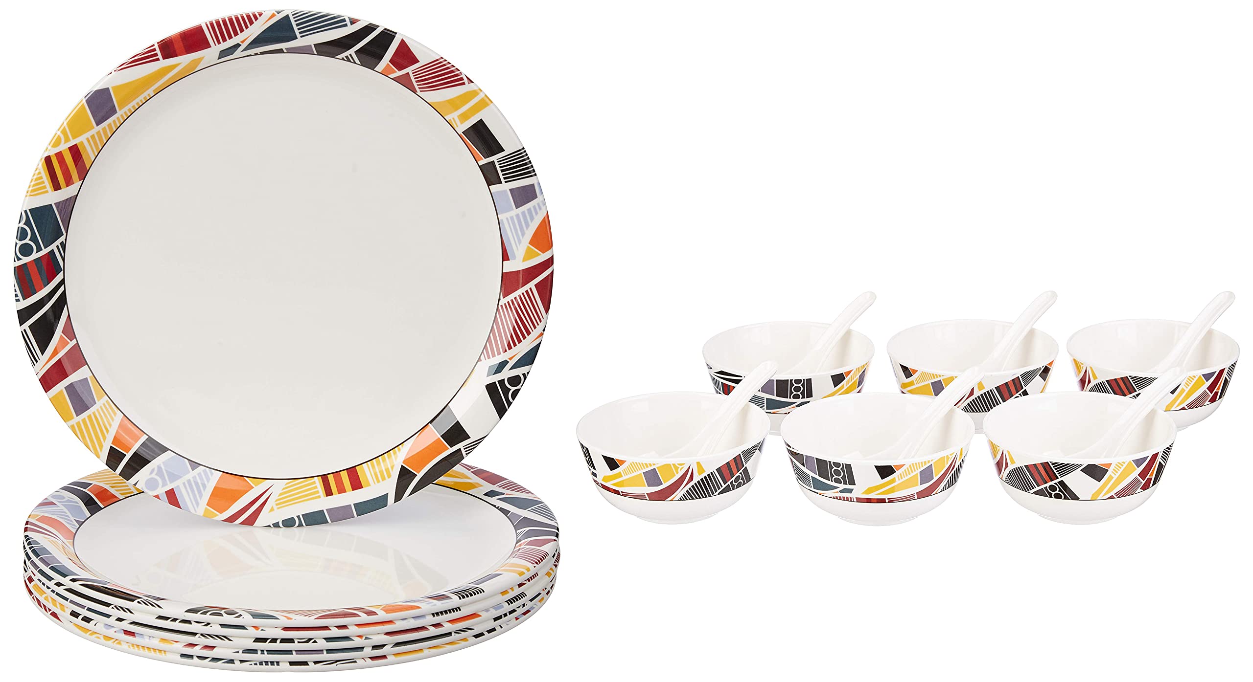 Amazon Brand - Solimo Melamine Dinner Plate Set (White, 11 inches) - 6 Pieces Set of 6 Glass Soup Bowls with 6 Spoons (11.5 cm), Transparent (B09KFV42VQ) Amazon Price History, Amazon Price Tracker