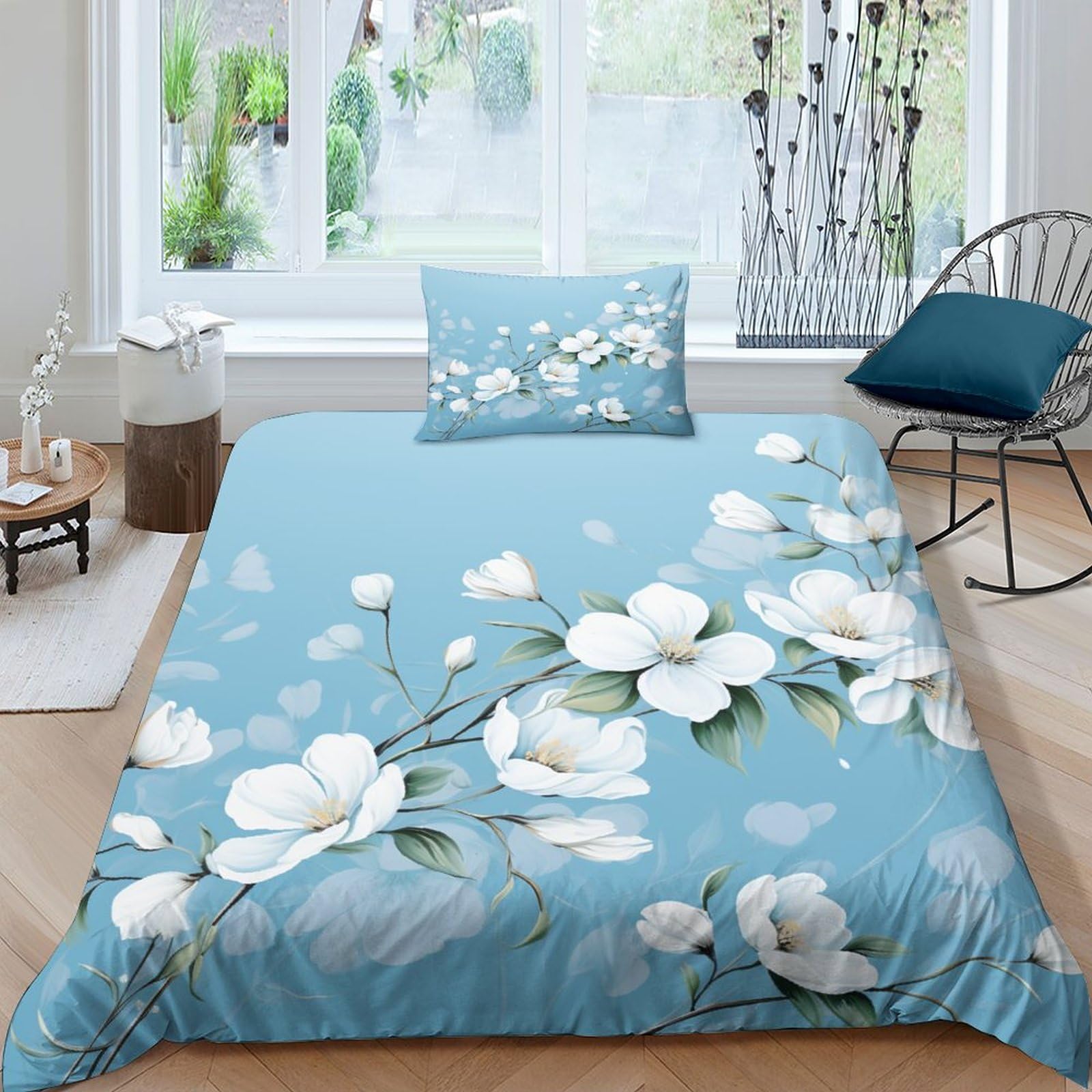 Housses de couettes 135x200cm fleurs blanches parure de lit microfibre bleu ensemble de literie single