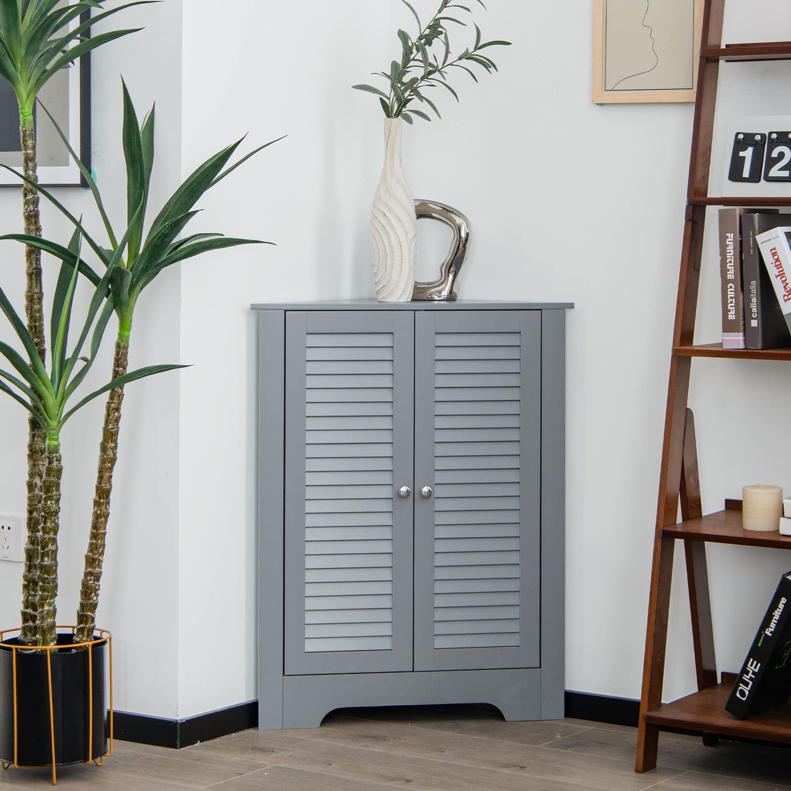 COSTWAY Badezimmerschrank Ecke, Eckschrank Bad mit 2 Lamellentür, Badschrank Unterschrank Holz, Aufbewahrungsschrank für Badezimmer, Küche, Wohnzimmer, 45 x 45 x 81,5 cm, grau