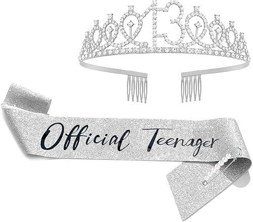 13rd Birthday Sash & Rhinestone Tiara Set, 13 Year Old Birthday Gifts for Her Birthday Party Decorations for Girls