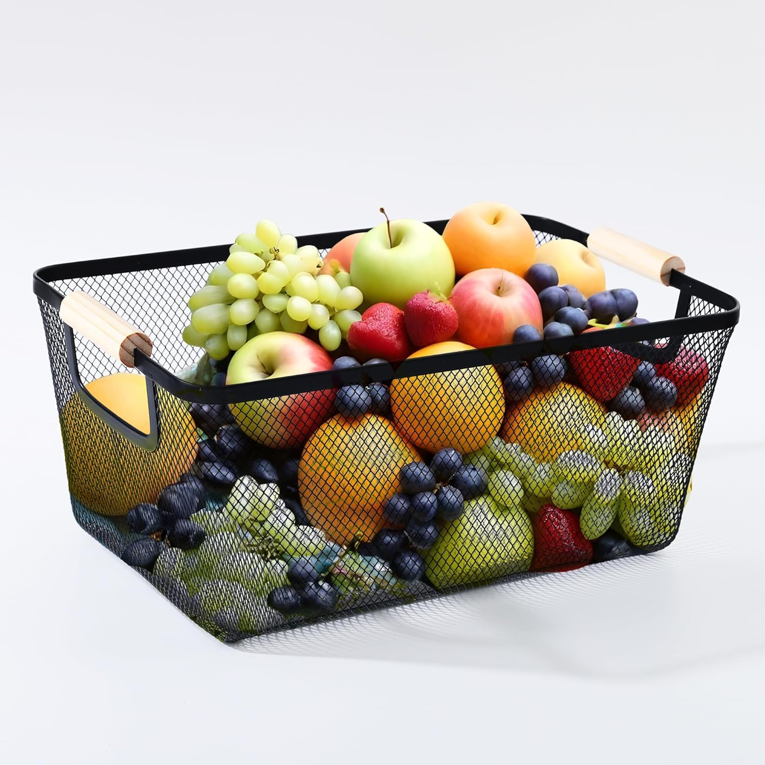 Kuber Industries Metal Mesh basket for storage with wooden handle | 440 gm | Fruit basket for Kitchen | Kitchen Organizer | Baskets for organizing home and kitchen | Multipurpose | Black