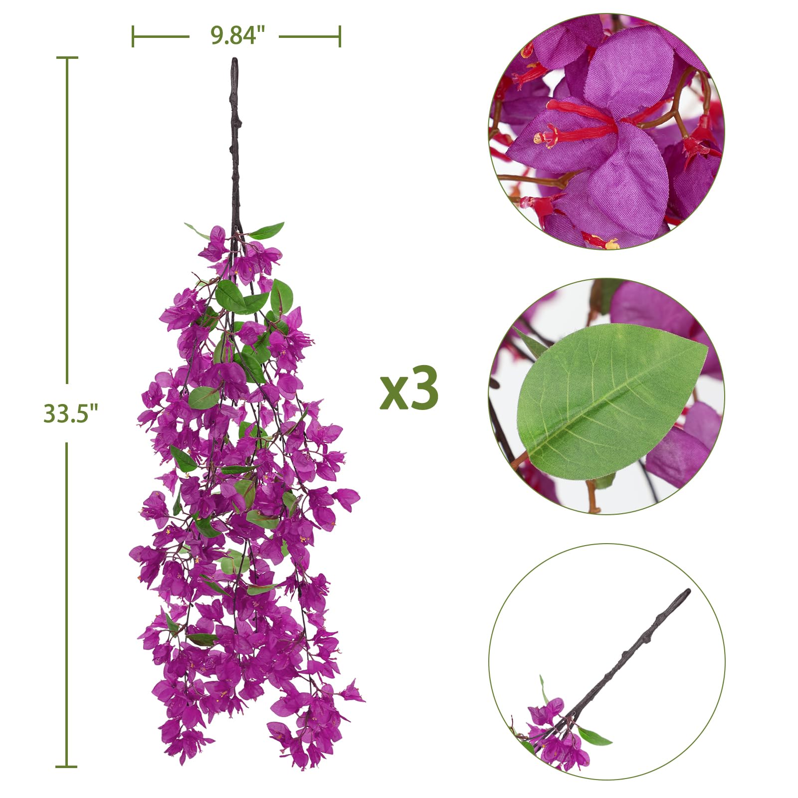 Flores artificiales desbordantes, plantas de flores falsas, tallos de 33.5 pulgadas de largo, buganvilla sintética para jarrón alto, 3 flores colgantes falsas para el hogar, sala de estar, dormitorio