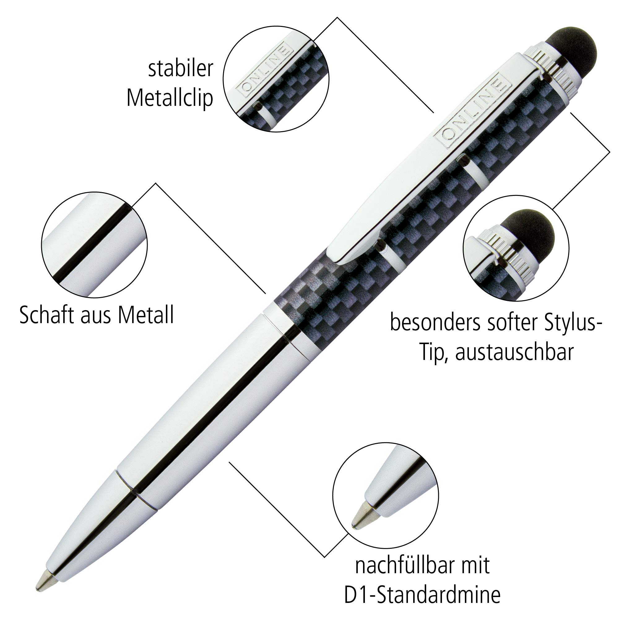 ONLINE Drehkugelschreiber Business Stylus – Aus Aluminium, Mit Stylus-Spitze, Schwarze Mine