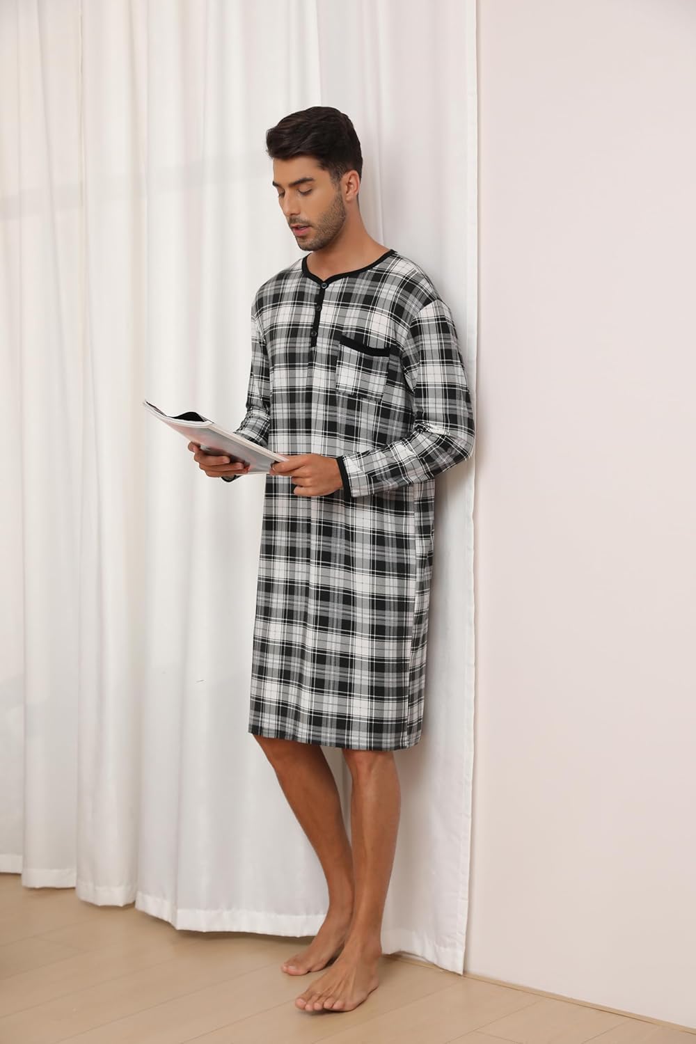 Men's Plaid Long Sleeve Nightshirt Knee-Length Sleepwear with Chest Pocket Sleepwear - Image 3