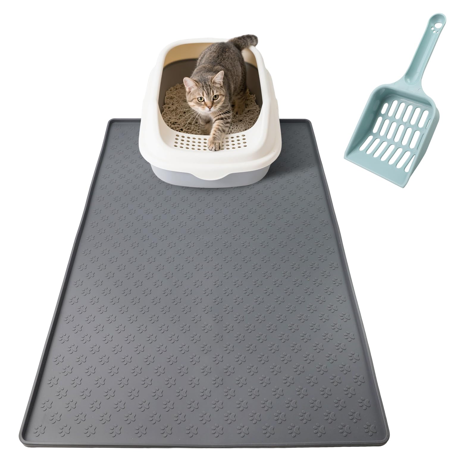 BREANIFULL Silicone Large Cat Litter Mat 60 * 40cm Cat Litter Trapping Mat for Litter Box Waterproof Litter Box Mat Cats Feeding Mats with Raised Edges Easy to Clean (Light Grey)