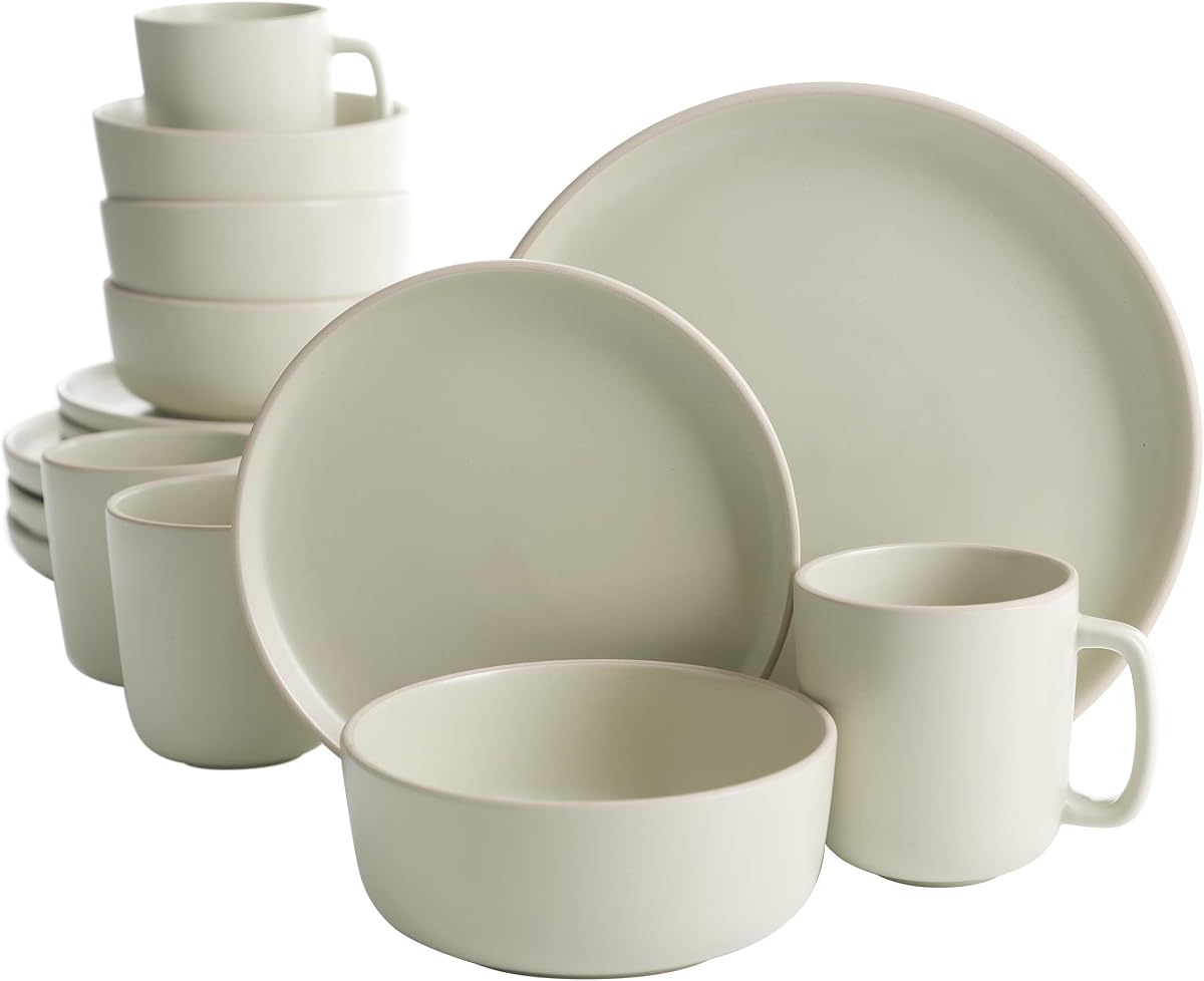 Zuma Juego de vajilla de cocina redonda de 16 piezas, platos, platos, tazones, tazas, servicio para 4, gres mate, crema