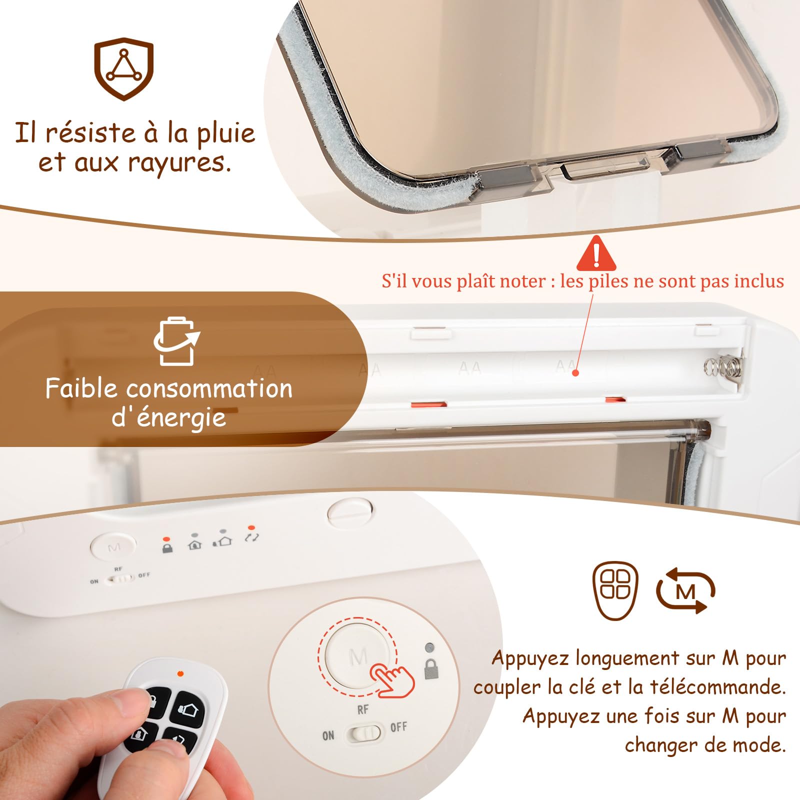Chatiere pour Chat Puce Electronique, Accès Sélectif pour Votre Chat, Empêche Les Étrangers d'Entrer, Installation Facile, avec 3 Clés de Détection de Collier & 1 Télécommande
