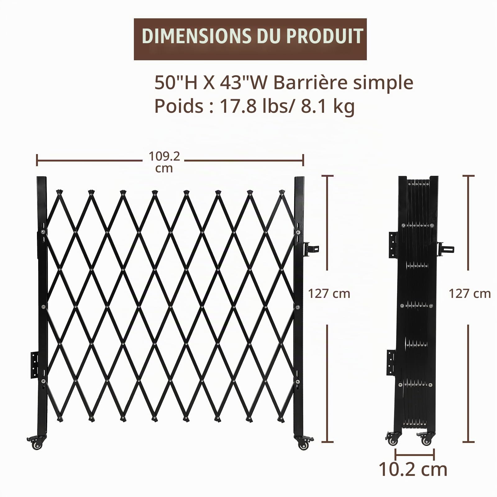 Barrière de chantier - Clôture mobile pour chien - 1,1 m - Extensible - 127 x 109 cm - Avec roulettes - Porte de sécurité en acier - Pour garage, école, jardin - Design accordéon