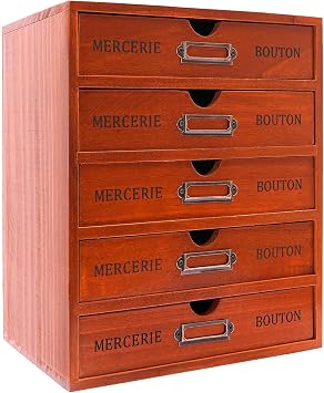 Vintage 5-Drawer Wooden Desk Organizer, Rustic Shelf Drawer with Iron Label Holders, Ideal Home Office Organizers and Accessories, Embroidery Floss, Apothecary Cabinet, Art Storage