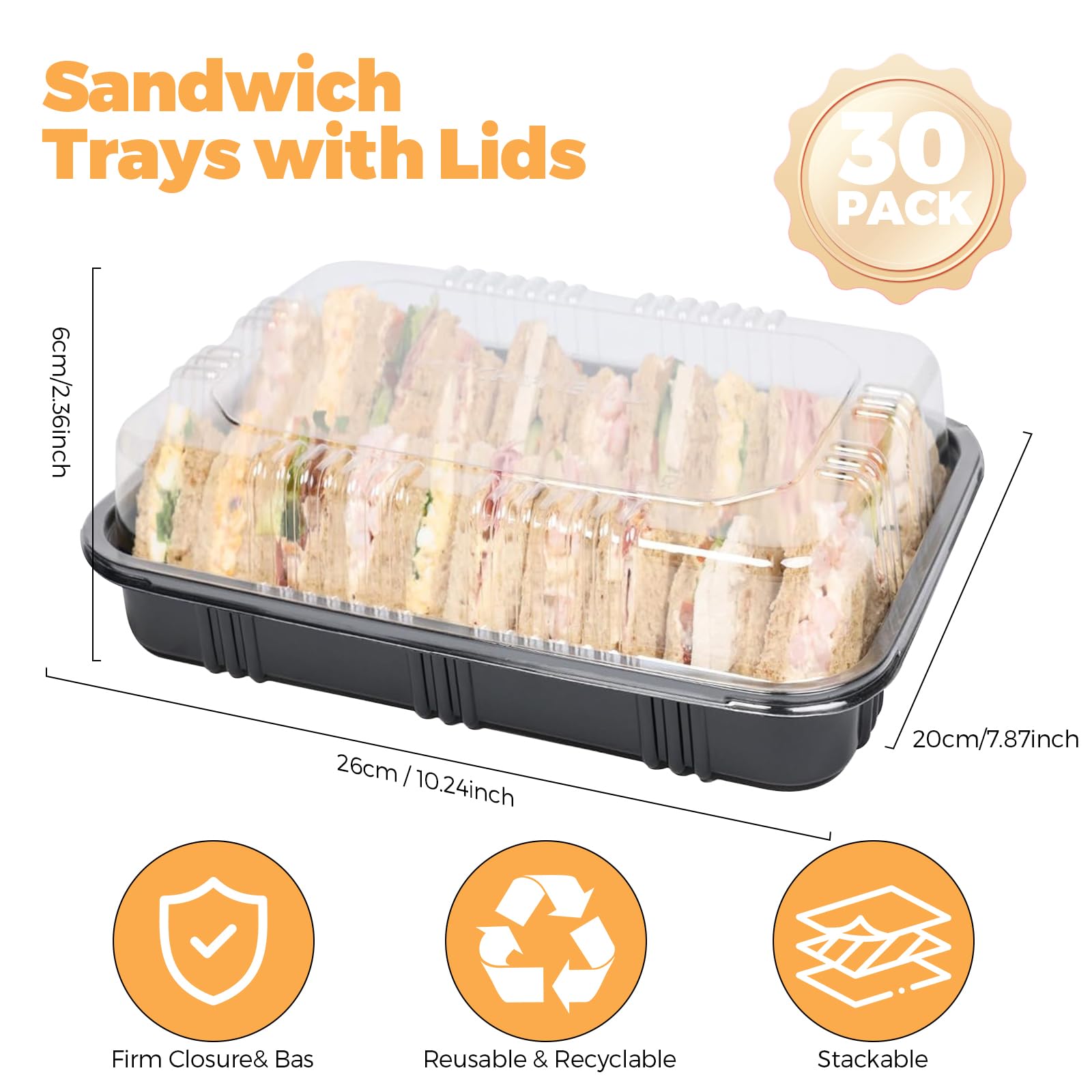 HIYAA Bandejas para sándwiches con tapas, paquete de 30 bandejas de plástico reutilizables con tapas para preparación de comidas, pasteles, golosinas y sándwiches