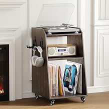 Rresyet 18.7" Record Player Stand with Wheels,3-Tier Vinyl Media Cabinet On Wheels with Open Shelves, Metal Dividers, Metal Hooks for Music Room, Living Room