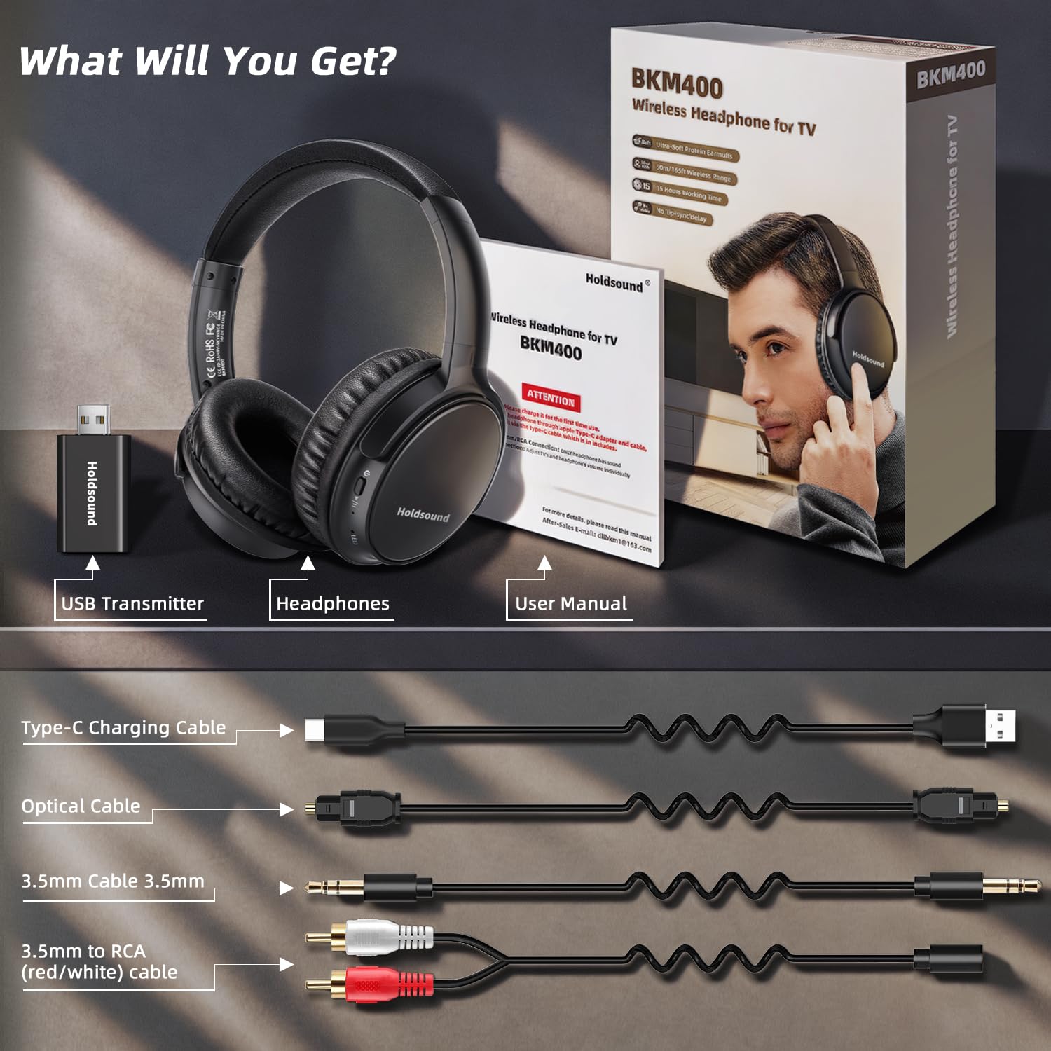 Holdsound Auriculares Inalámbricos para TV, Sin Retraso de Audio, 20 Horas