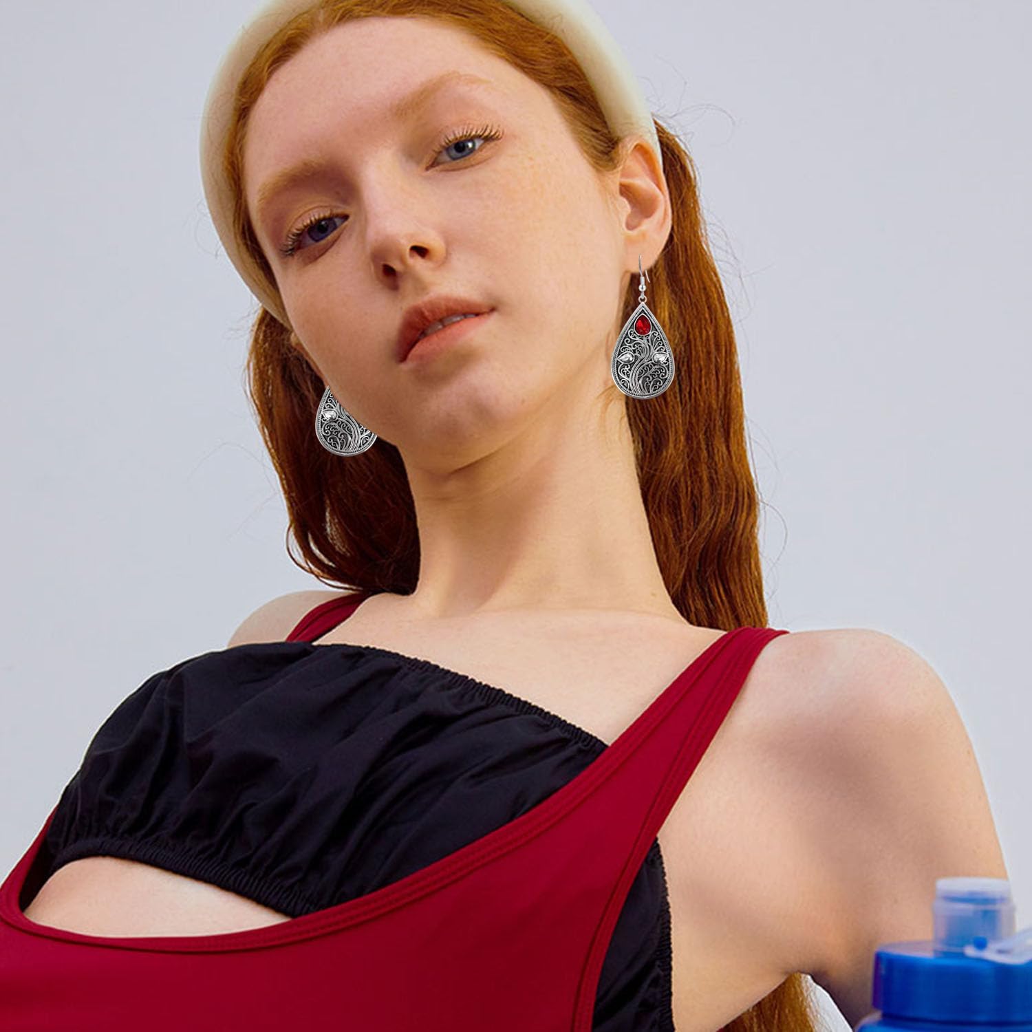 Bohemian Vintage Silver Geometry Teardrop Carving Dangle Drop Earrings Tribal Sparkly Crystal Flower Hook Earrings for Women - Image 2