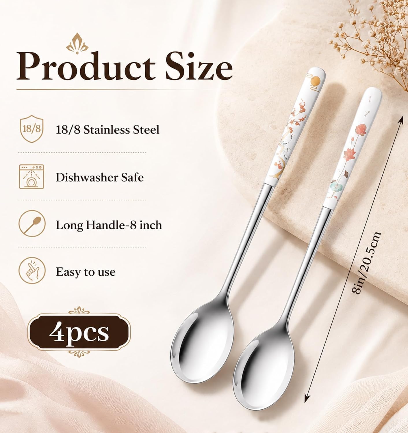 4 Pcs Korean Spoons, Korean Soup Spoon, 8 Inch