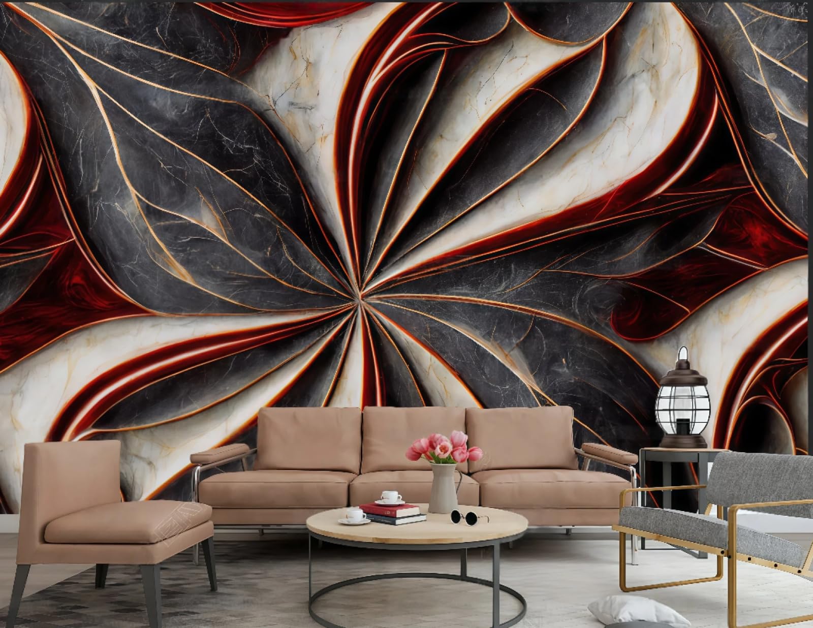 Tapeta Trójwymiarowa Złota Linia Skała Relief Streszczenie Różowy Czerwony Marmur Wzór TV Sofa Tło Tapeta Ścienna Salon Restauracja Kawiarnia Mural, 3D, 150 x 105 cm