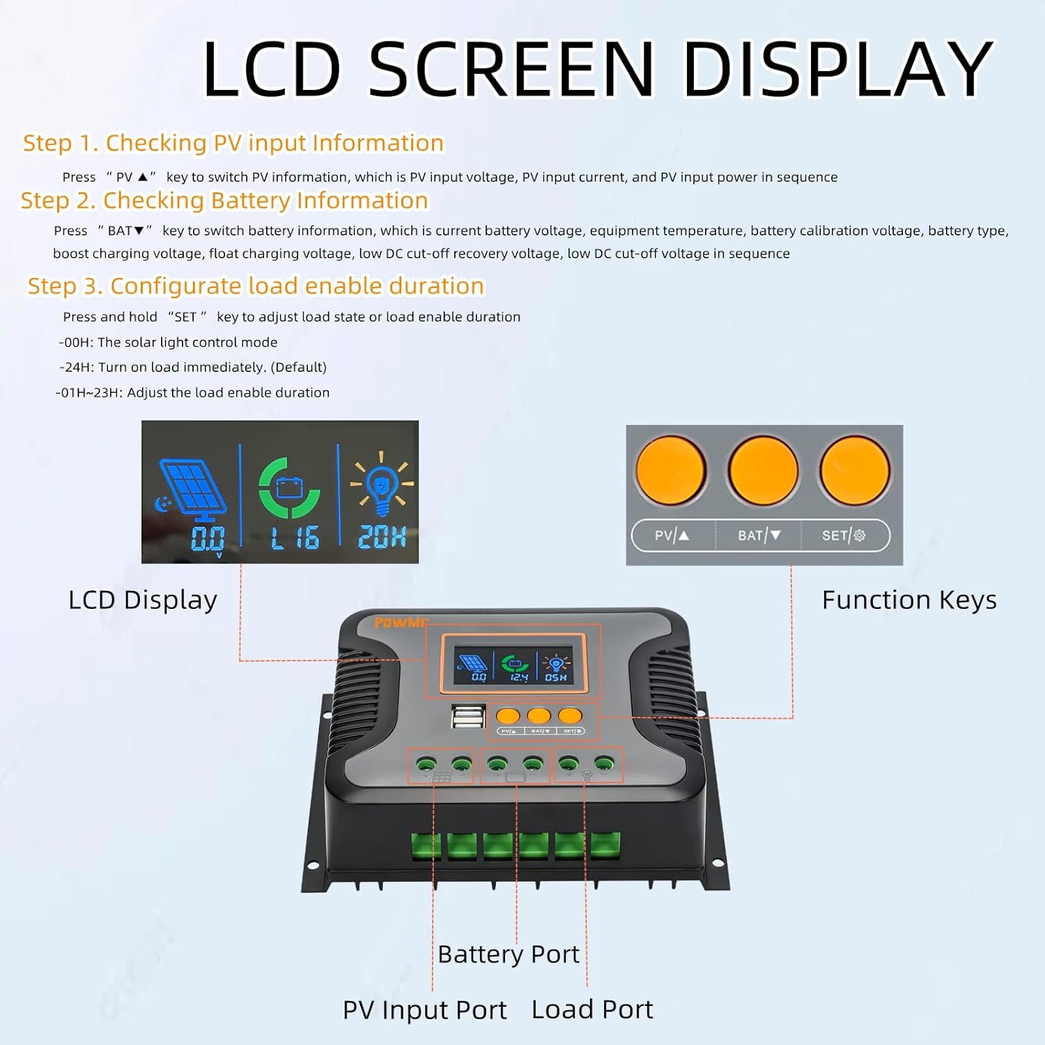 LCD screen display steps for PowMr Solar Charge Controller