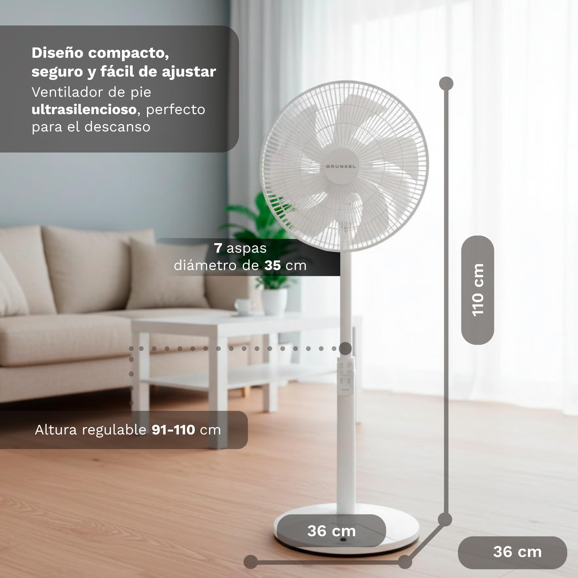 Grunkel Ventilador de Pie Ultrasilencioso PS de 36cm 14” | 12 Velocidades | 7 Aspas | Oscilación 100° | Temporizador 12h | Mando a Distancia | 30W (Blanco control cabezal)