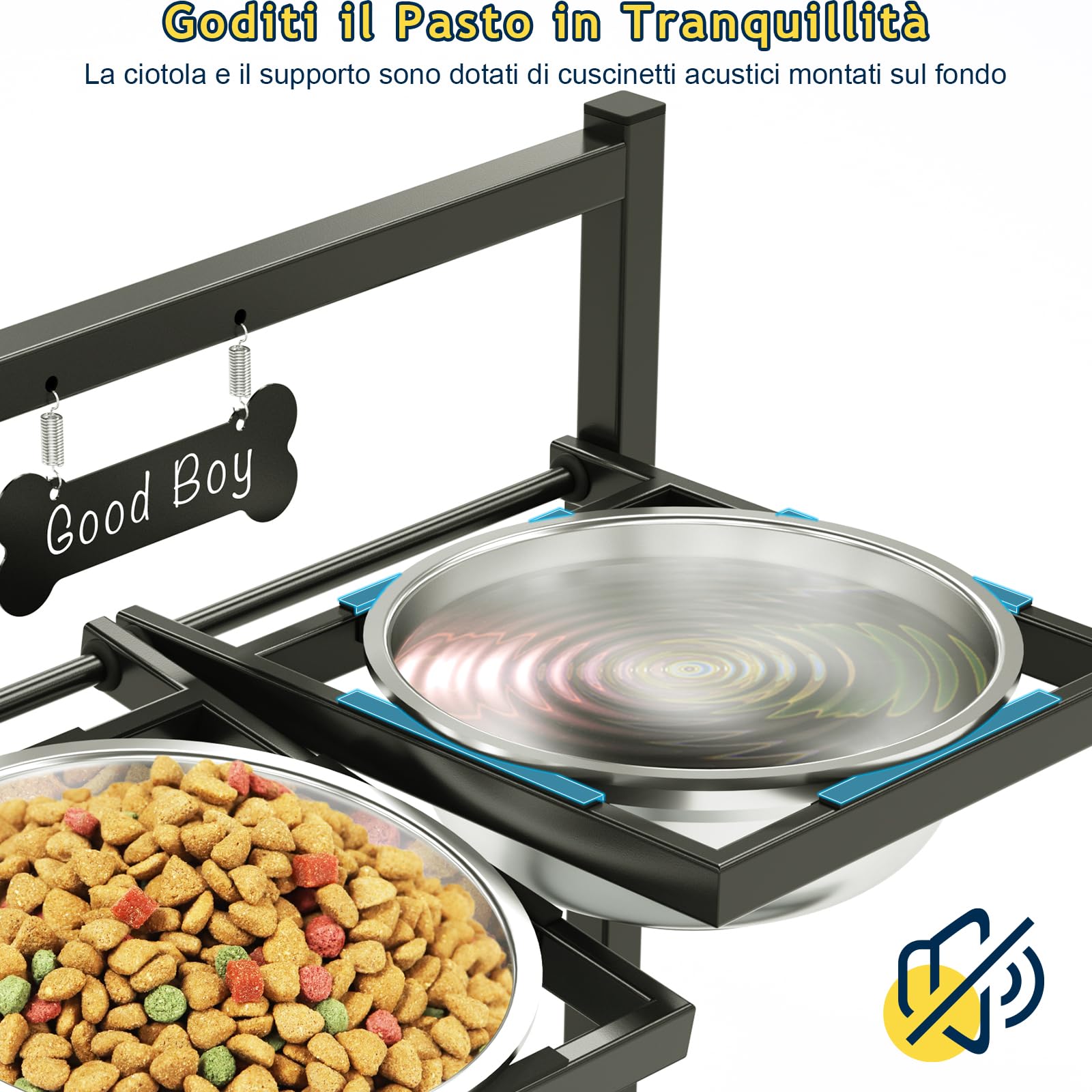 Ciotole Per Cani Rialzate Con Altezza Regolabile Su 4 Livelli E Inclinazione Di 10°, 2 Ciotole In Acciaio Inox (1.5L x 2) E Tappetino Antiscivolo, Adatto a Cani di Taglia Grande, Media e Piccola