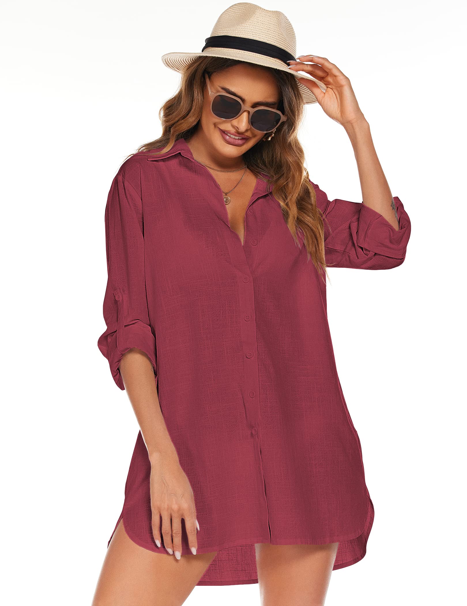 HOTOUCH Women Boyfriend Shirts Button Down Long Sleeve Blouse Cuffed Sleeve Collared Shirt