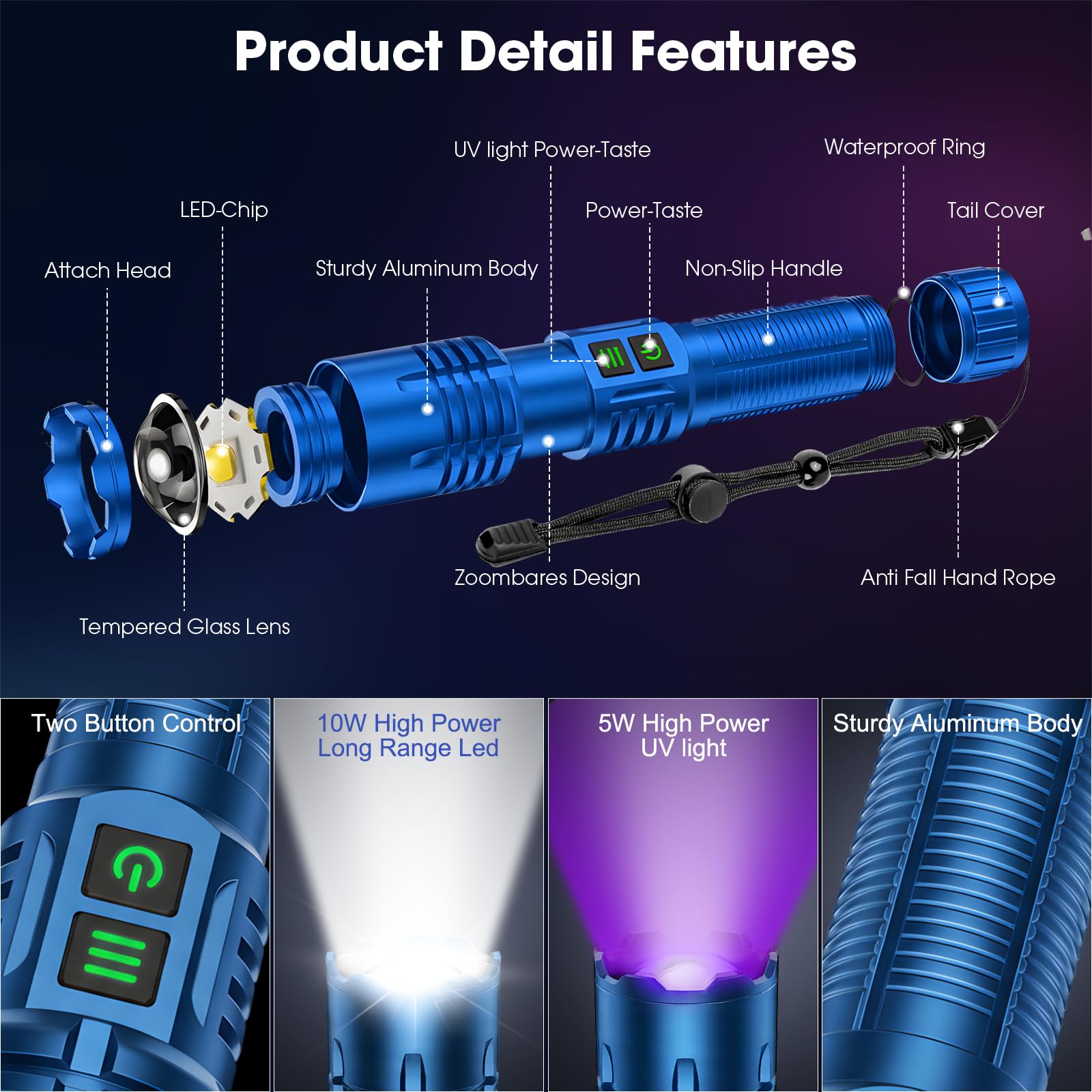 Linternas de luz negra para detección de orina de mascotas, luz negra UV y linterna de lúmenes altos, recargable, impermeable, linterna LED UV táctica para curado de resina, escorpión, camping, azul