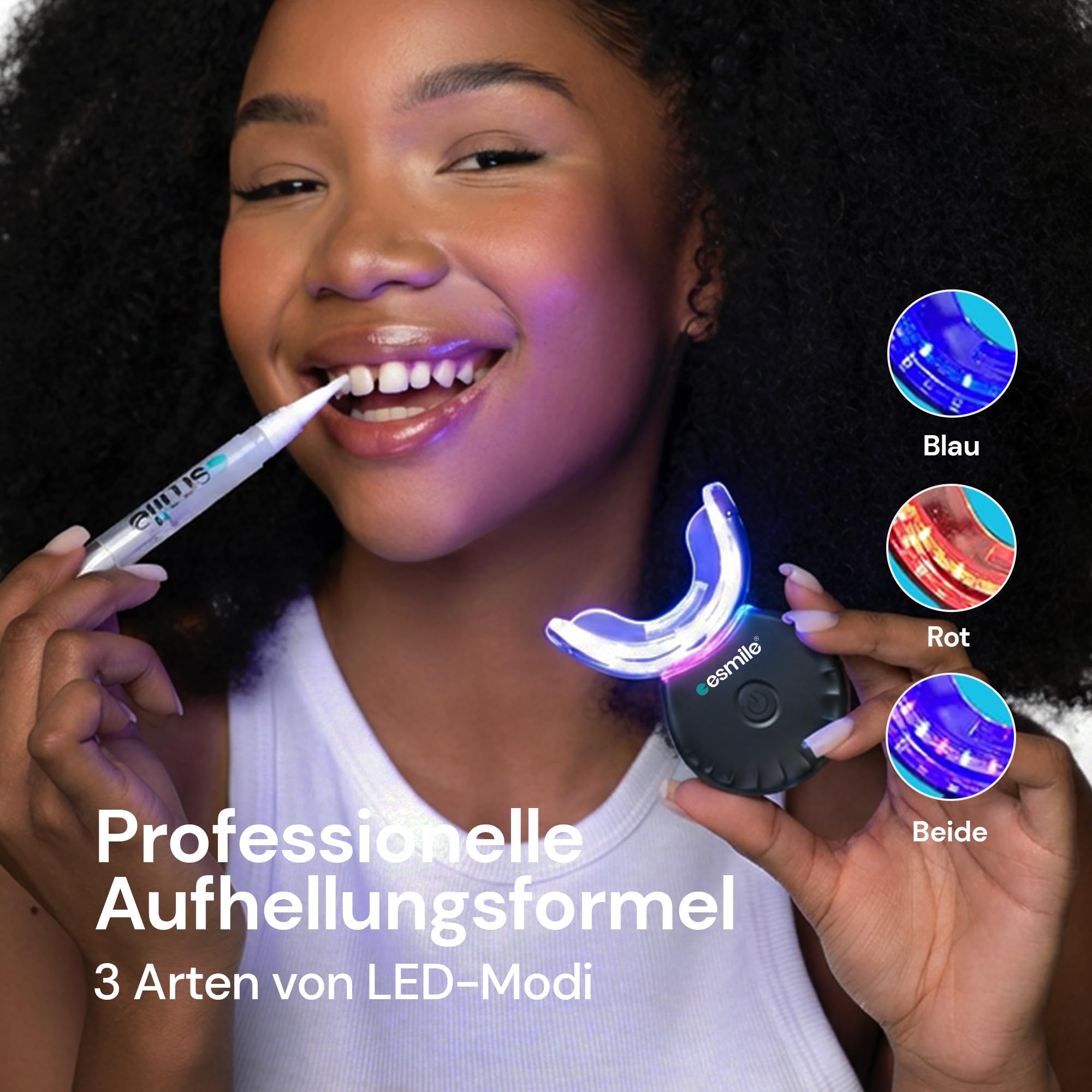 ESMILE: Professionelles Zahnaufhellungs-Kit mit LED-Lampe + Violette Streifen – Sofortige und Effektive Zahnaufhellung – Schonend für den Zahnschmelz