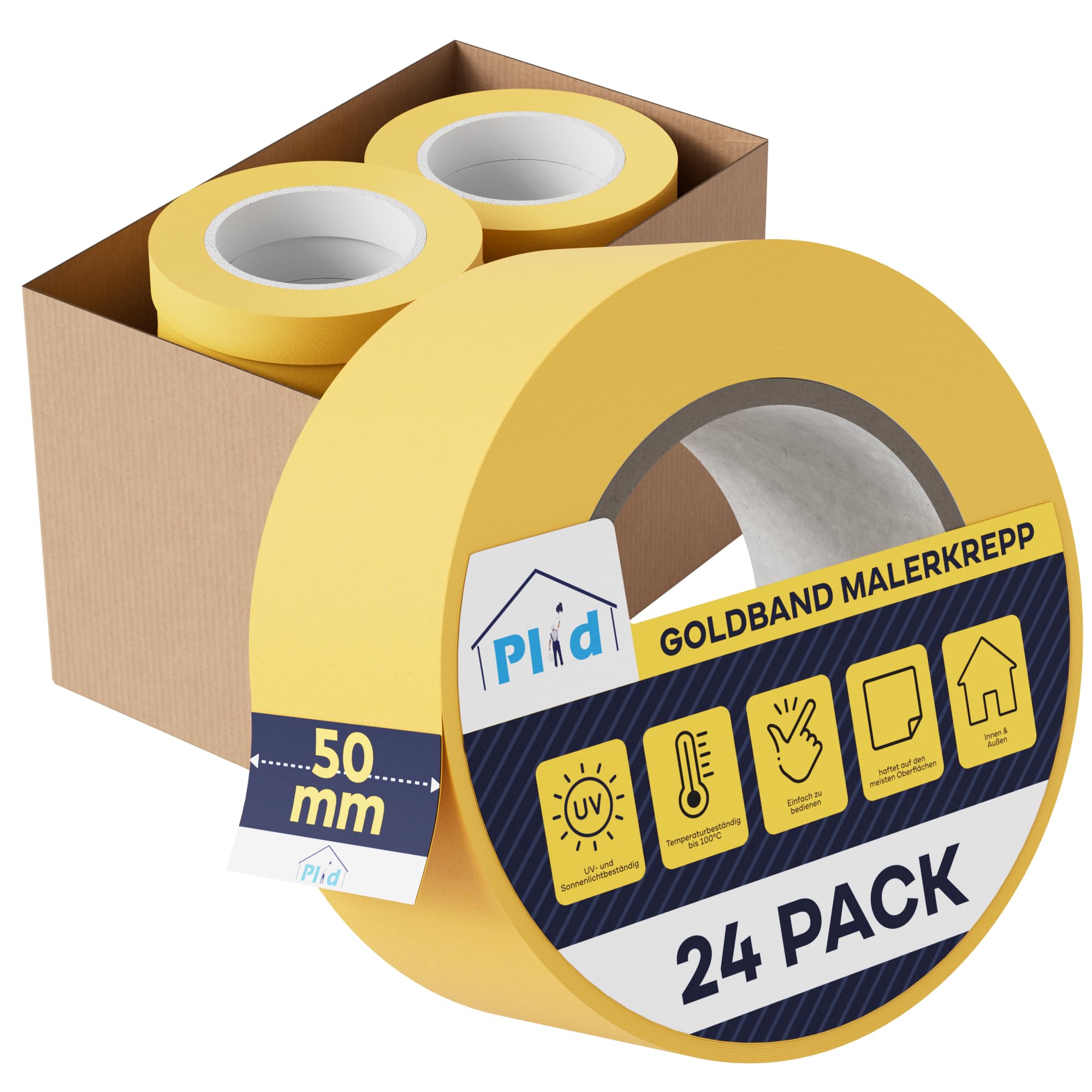 plid® Cinta adhesiva de pintor (resistente al agua), resistente a la humedad, para interior y exterior, cinta adhesiva de pintor, evita que se escurra la pintura, cinta adhesiva de pintor (50 mm, 24