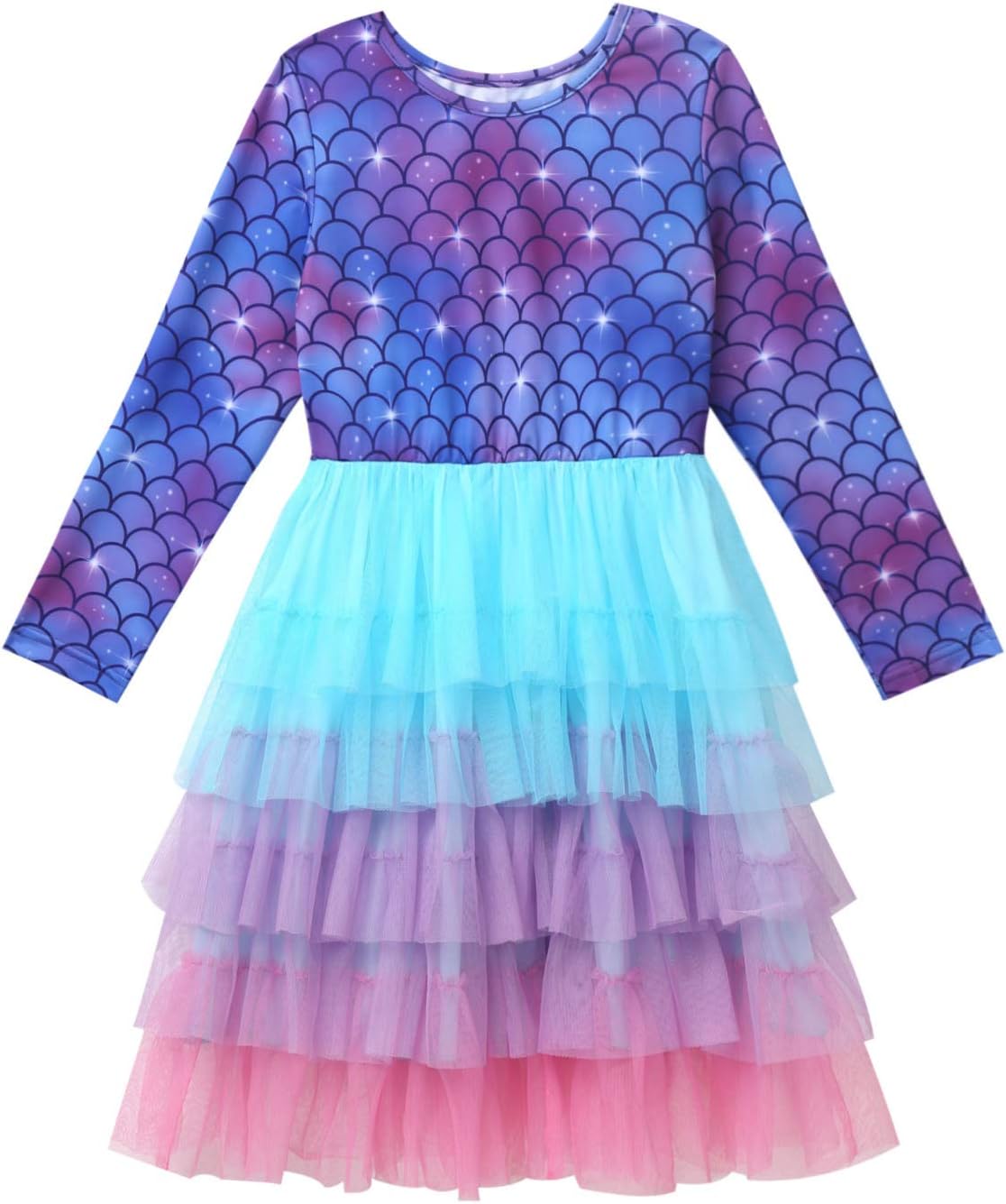 Hansber Kids Girls 1Pc Mermaid Princess Dress Long Sleeve Fish Scales Print Splice Tulle for Birthday Party