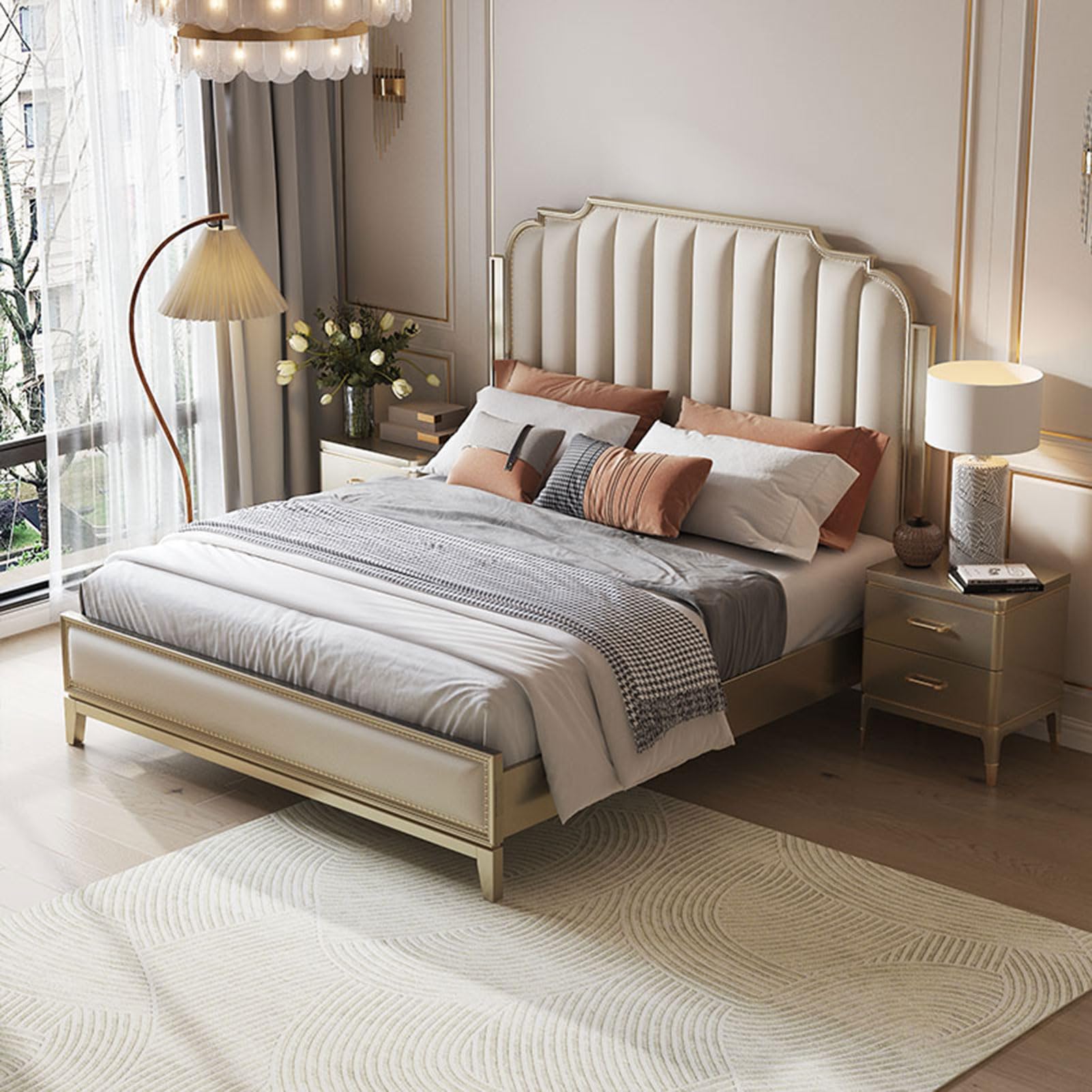 King Size Genuine Leather Wood Bed Upholstered Platform Bed Frame with Headboard and Lift Up Storage Wooden Slats