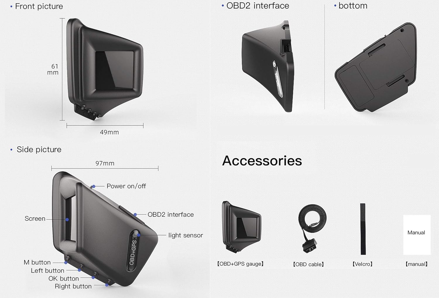 Diagram showing dimensions and included accessories of iKiKin HUD