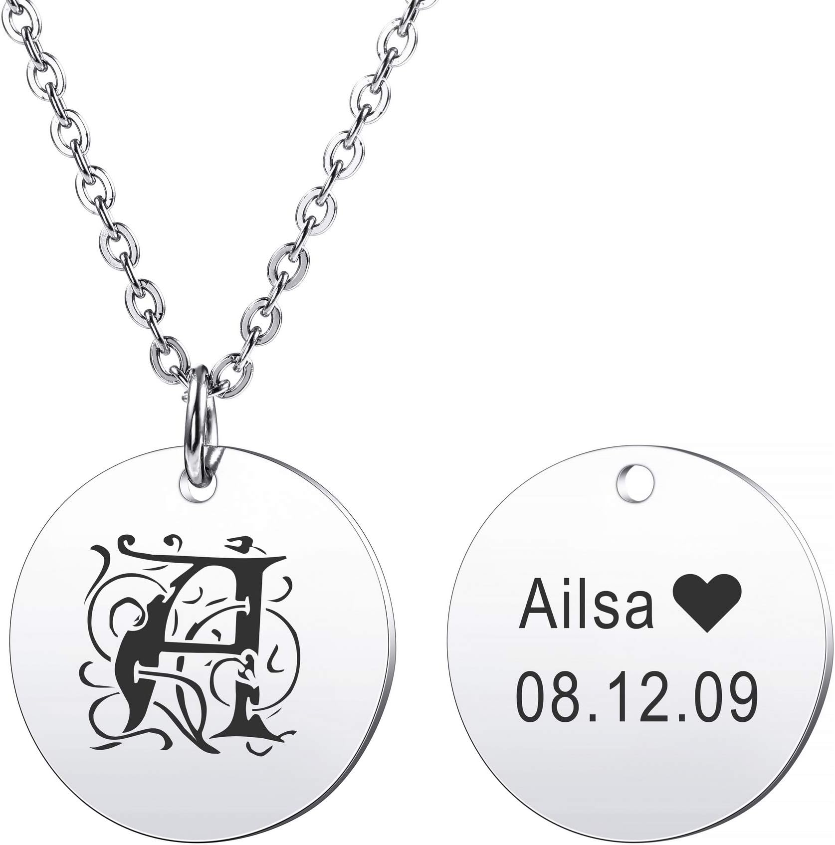 MeMeDIY Personalized Round Pendant Necklace Customized Engraving Monogram Initial Letter Name Date for Men Women Boy Girl Birthstone Stainless Steel Love Relationship Memorial Gift