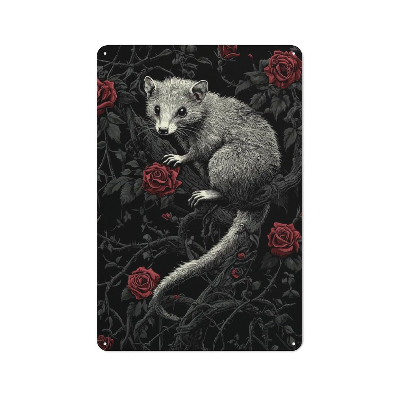 Junmoney Opossum In Roses Rustic Tin Sign 30X20cm Featuring For Bar Or Restaurant, A Housewarming Gift For Bar Decor Enthusiasts