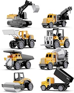 HONGTUO Alloy Mini Construction Vehicles，8Pcs Die-cast Construction car Toys Set，Excavators Mixer Truck Bulldozers Forklift Dump Truck Cranes Toys, Pull Back Car Toys for Toddlers Kids Boys & Girls