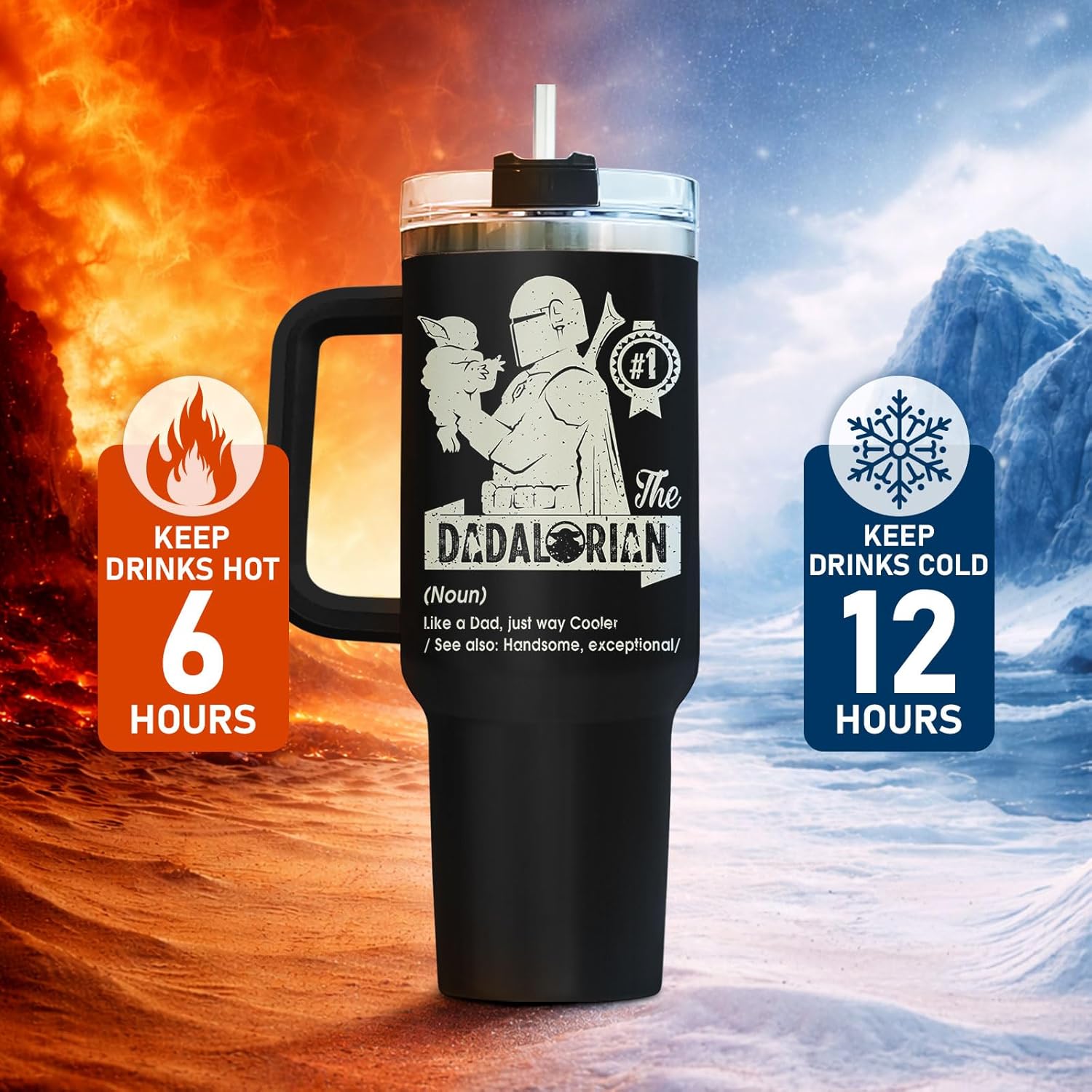 34HD Dadalorian Dad Tumbler 40oz with Handle Lid and Straw, Funny Daddy Galactic Nutrition Facts Gift, Black Stainless Steel Insulated Cup for Men, Space Theme Father’s Day Birthday Present