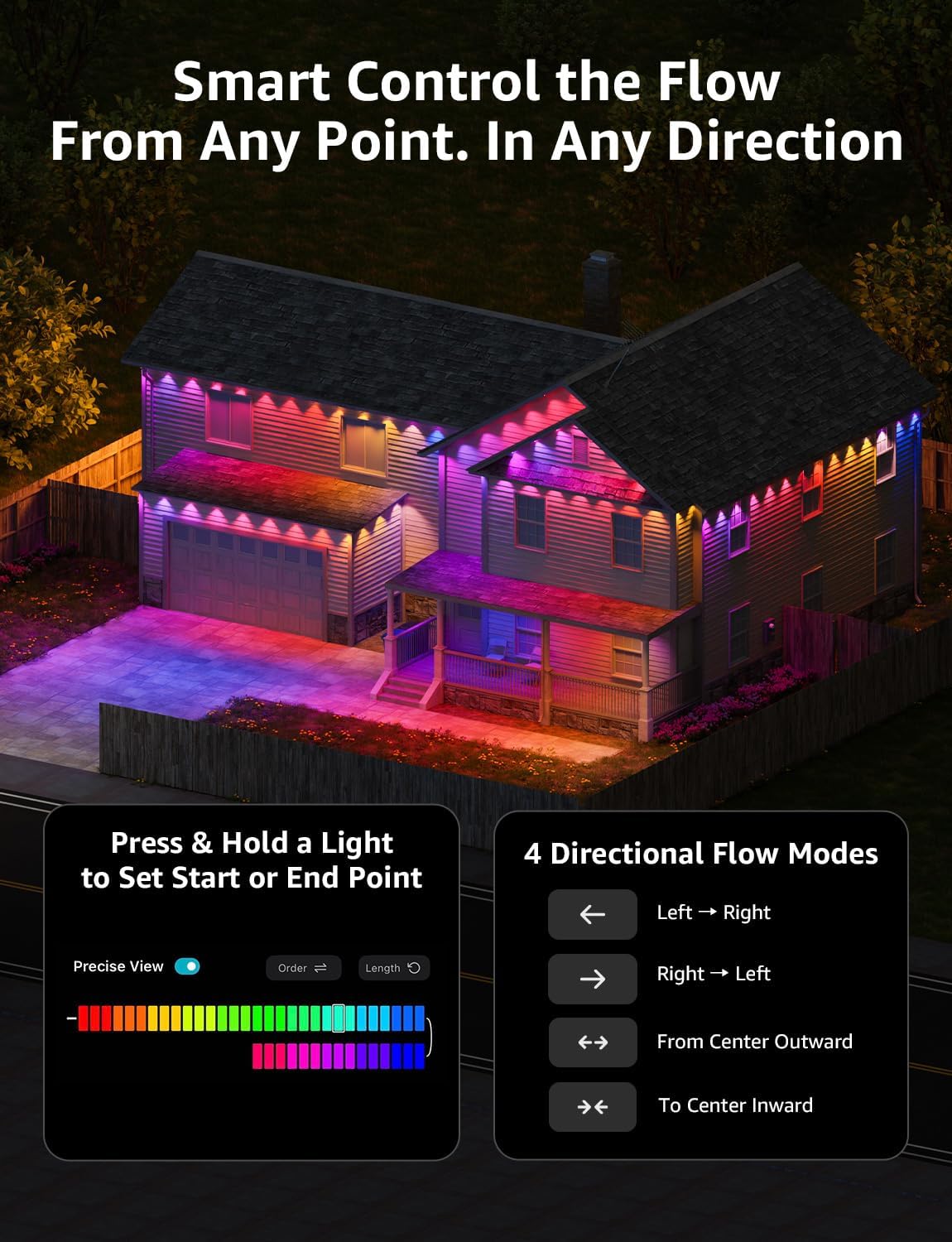 Lepro EE1 AI Permanent Outdoor Lights with Dual-Output, 200ft 120 LED RGB+IC Smart Outside Light for House Christmas Decor,Alexa Google Enabled 2.4 GHz WiFi/Bluetooth, APP Control No Remote Controller - Image 7