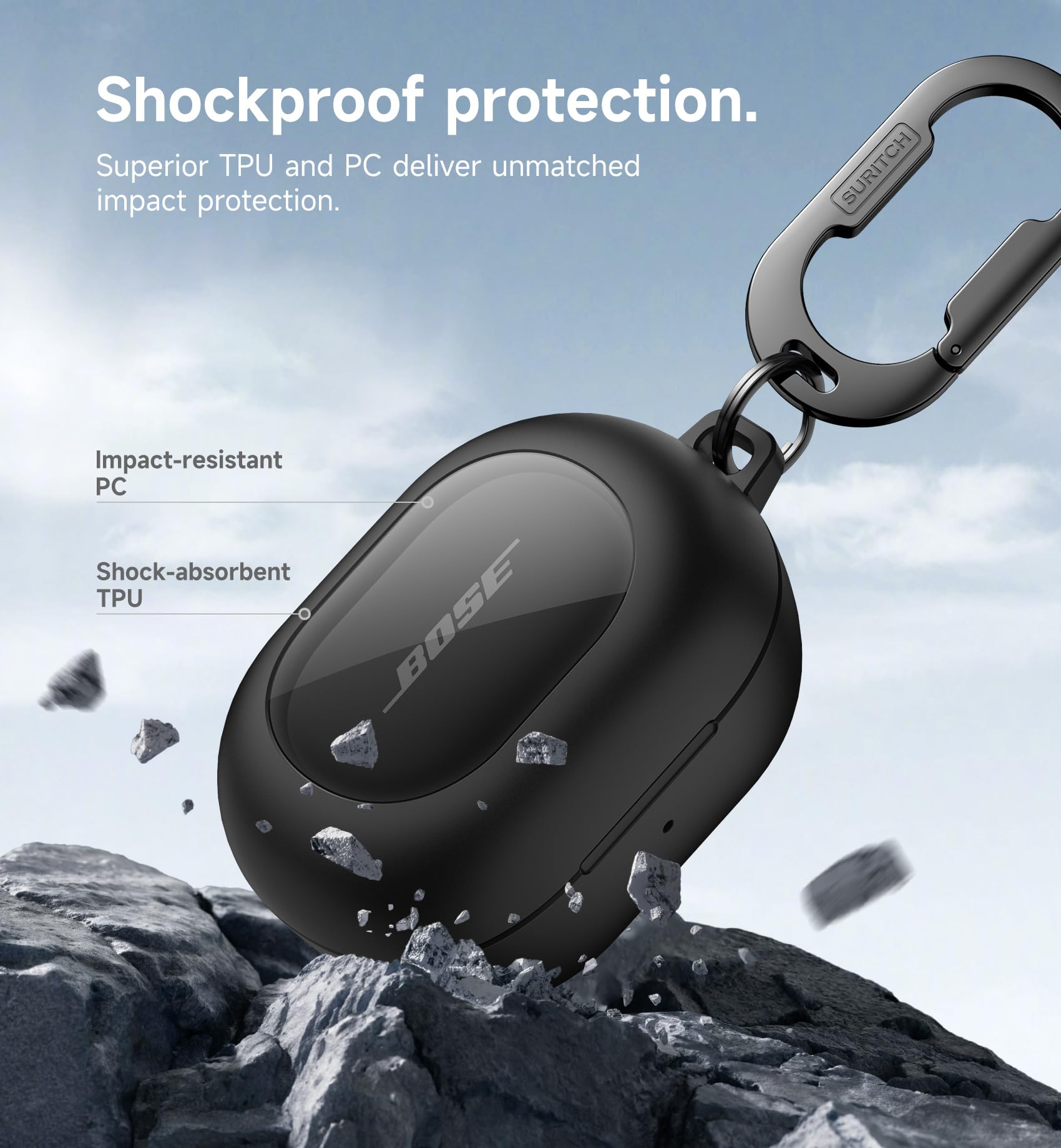 SURITCH Magnetyczne etui na słuchawki douszne Bose New QuietComfort (2024), wytrzymała, odporna na wstrząsy osłona ochronna do słuchawek Bose QuietComfort z magnetycznym lokiem, karabińczykiem i