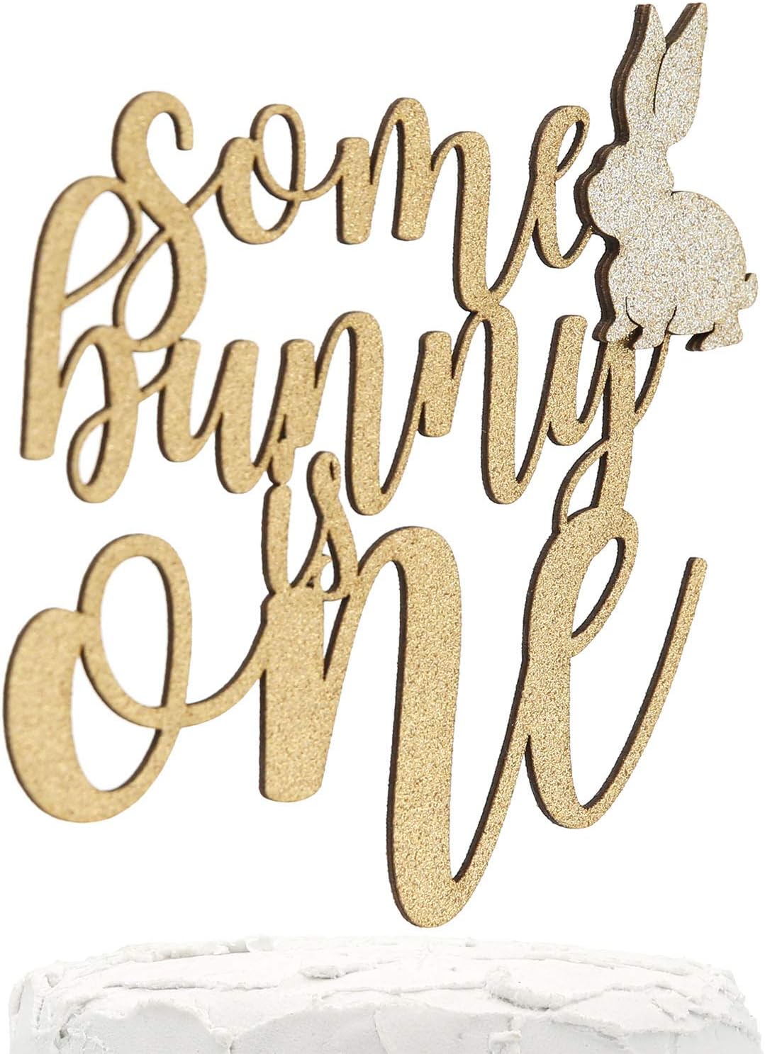 NANASUKO Cake Topper - Somebunny is One - Double Sided Gold Glitter with Light Gold Bunny - Premium quality Made in USA