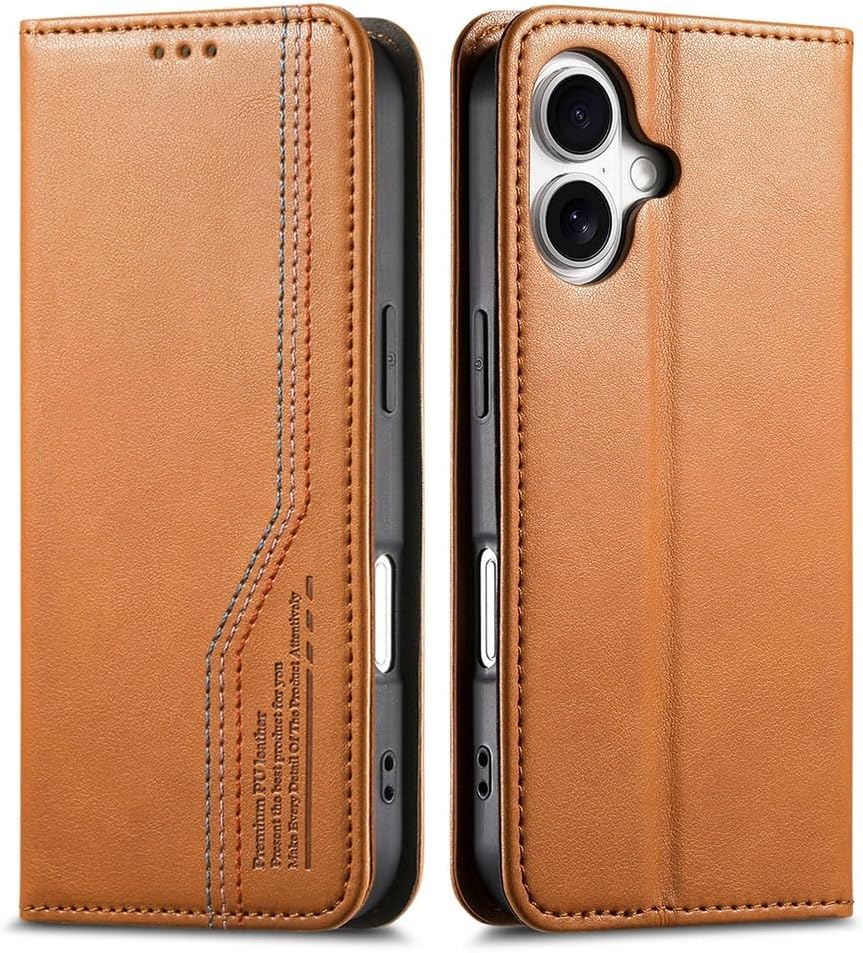 Leather Cover for iPhone 16 Pro Max/16 Pro/16 Plus/16, Flip Business Case with Card Holder Shockproof Protection Ultra Thin Case,Orange,16